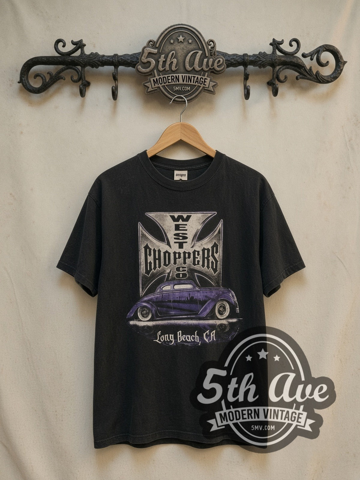 West Coast Choppers Purple Hot Rod Long Beach Back vintage biker tee, front view on a display rack