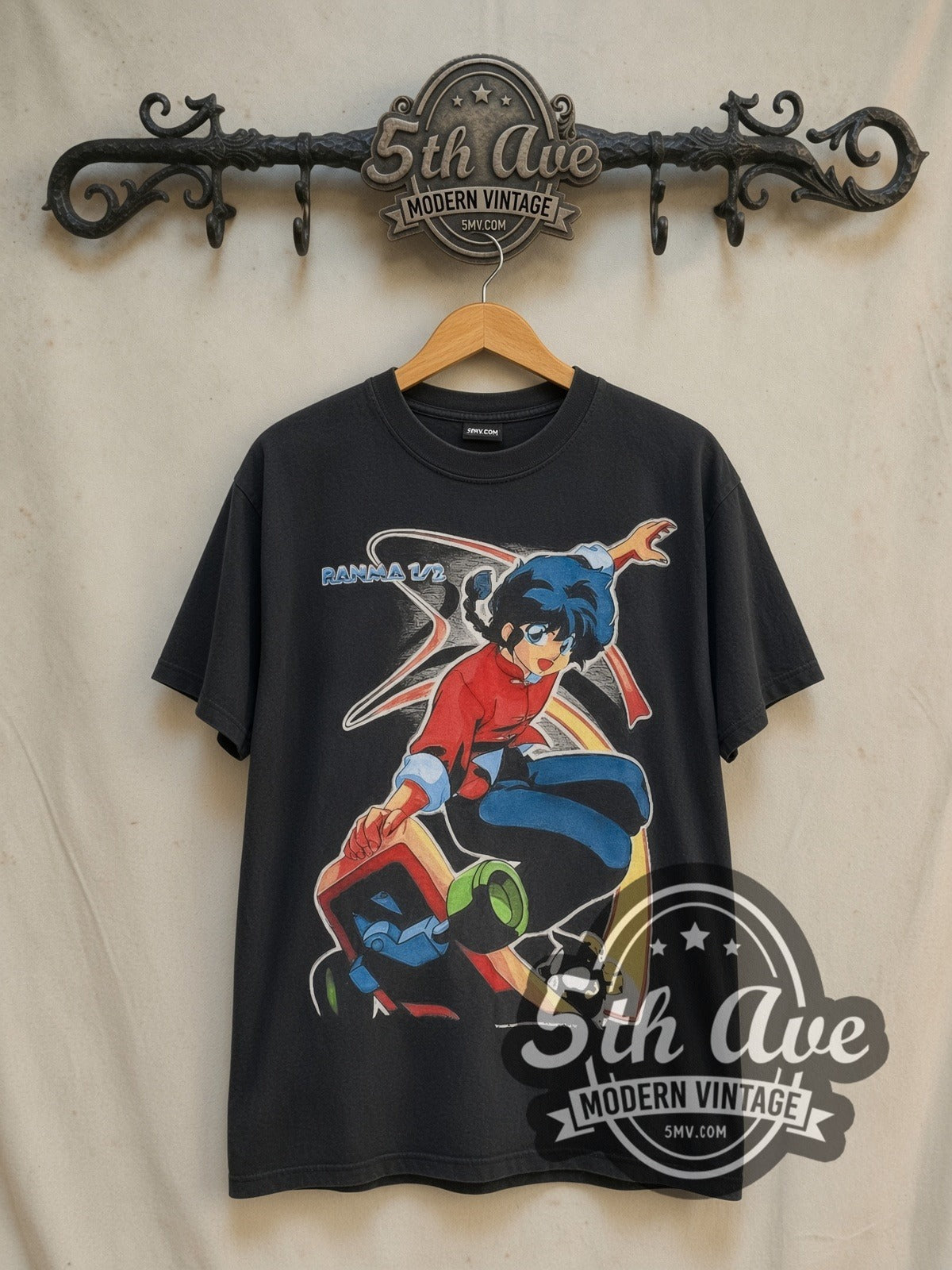 Ranma ½ Skateboard vintage anime t-shirt, front view on a display rack