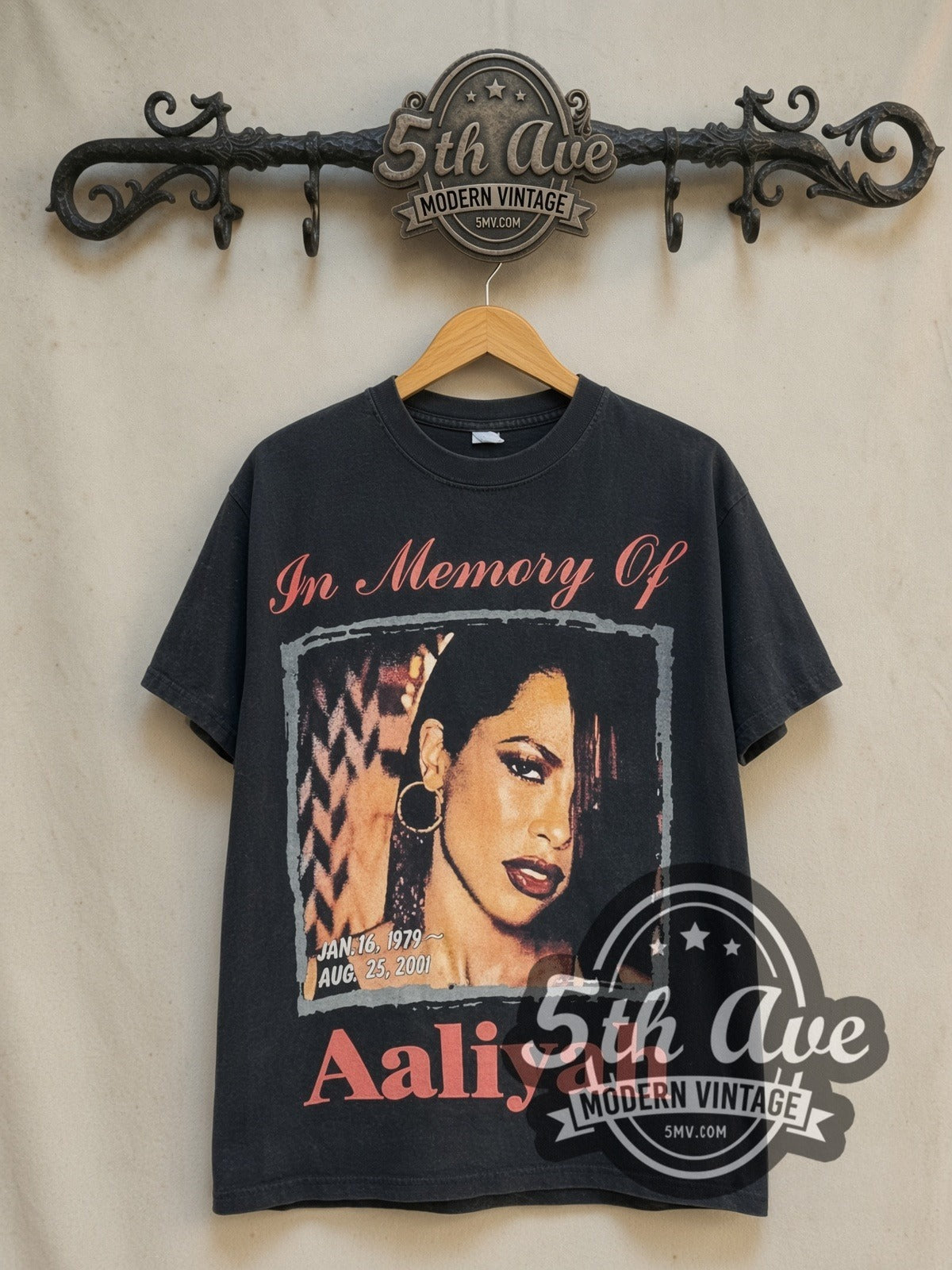 Aaliyah Try Again vintage band t-shirt in black, front view on a display rack