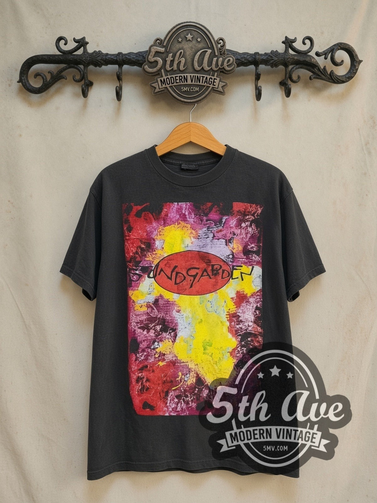 Soundgarden Superunknown Tour 1994 vintage band t-shirt in black, front view on a display rack