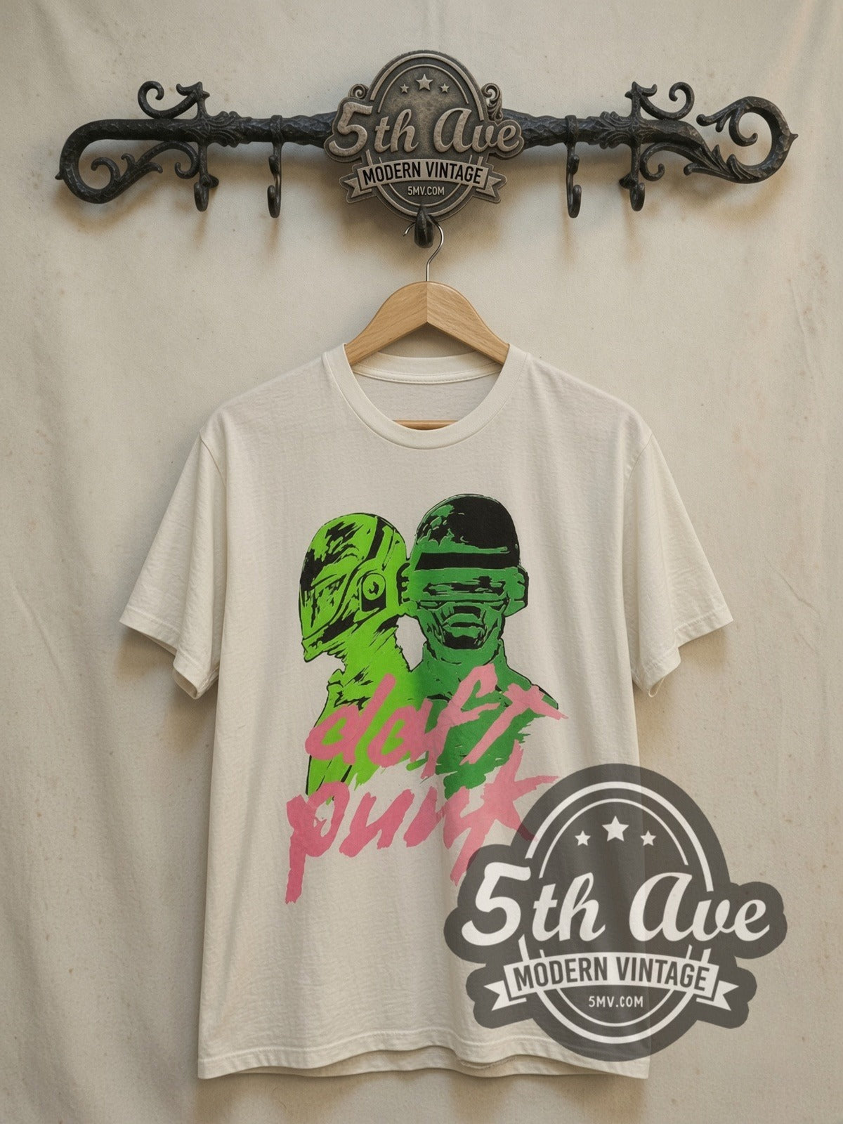 Daft Punk Daft Punk Graphic vintage band t-shirt, front view on a display rack