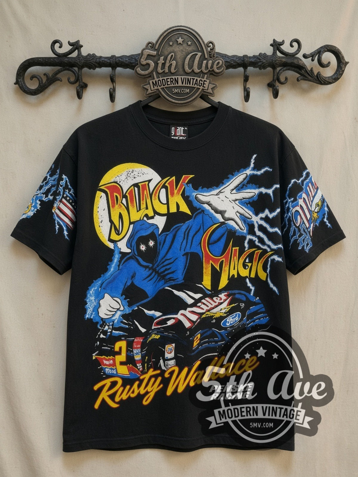 NASCAR Rusty Wallace Black Magic Miller #2 Black all-over-print vintage graphic t-shirt, front view on a display rack