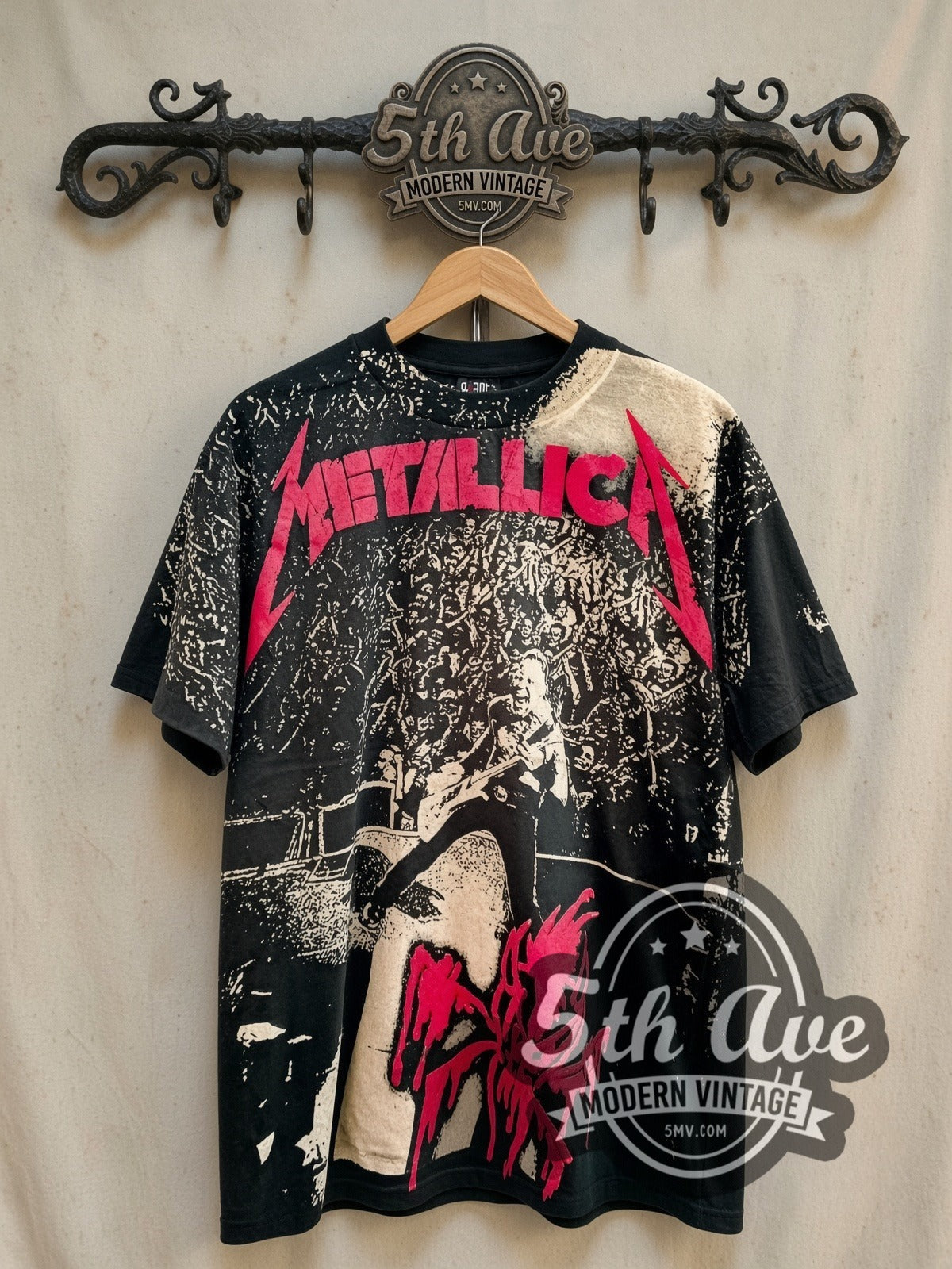 Metallica Stage Right all-over-print vintage band t-shirt in black, front view on the 5MV rack