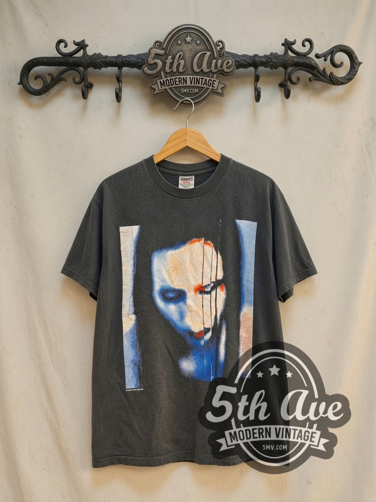 Marilyn Manson The Long Hard Road Out of Hell vintage band t-shirt in black, front view on the 5MV rack
