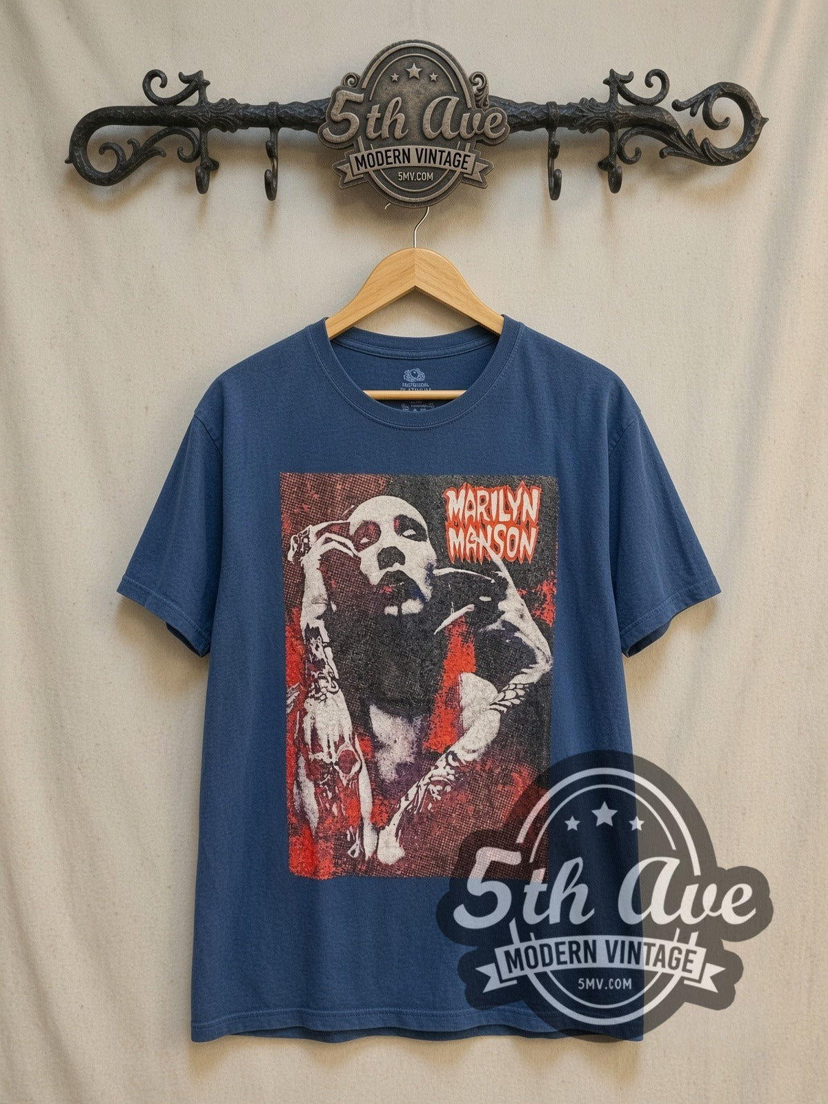 Marilyn Manson Halftone Red Portrait Hands Raised vintage band t-shirt, front view on the 5MV rack