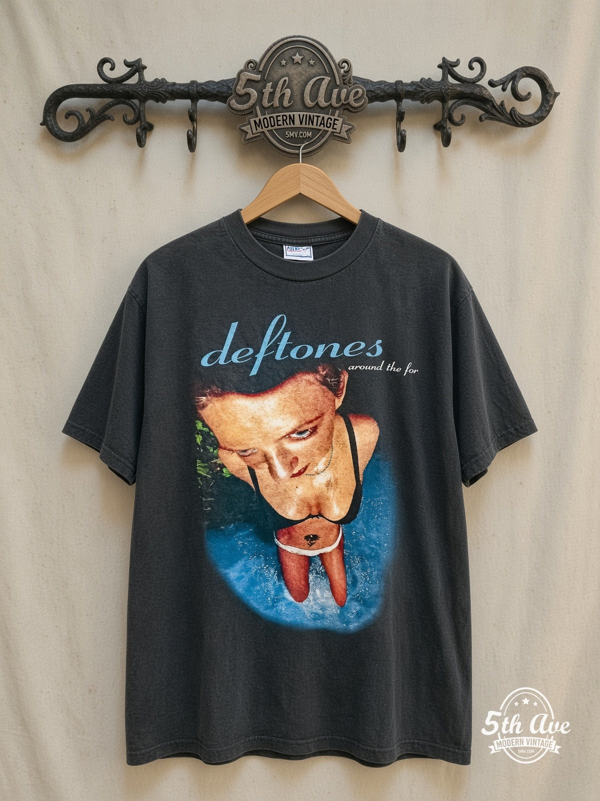 Deftones – "Around The Fur" – Vintage Band T-Shirt — front on locked cream ornate 5th Ave rack