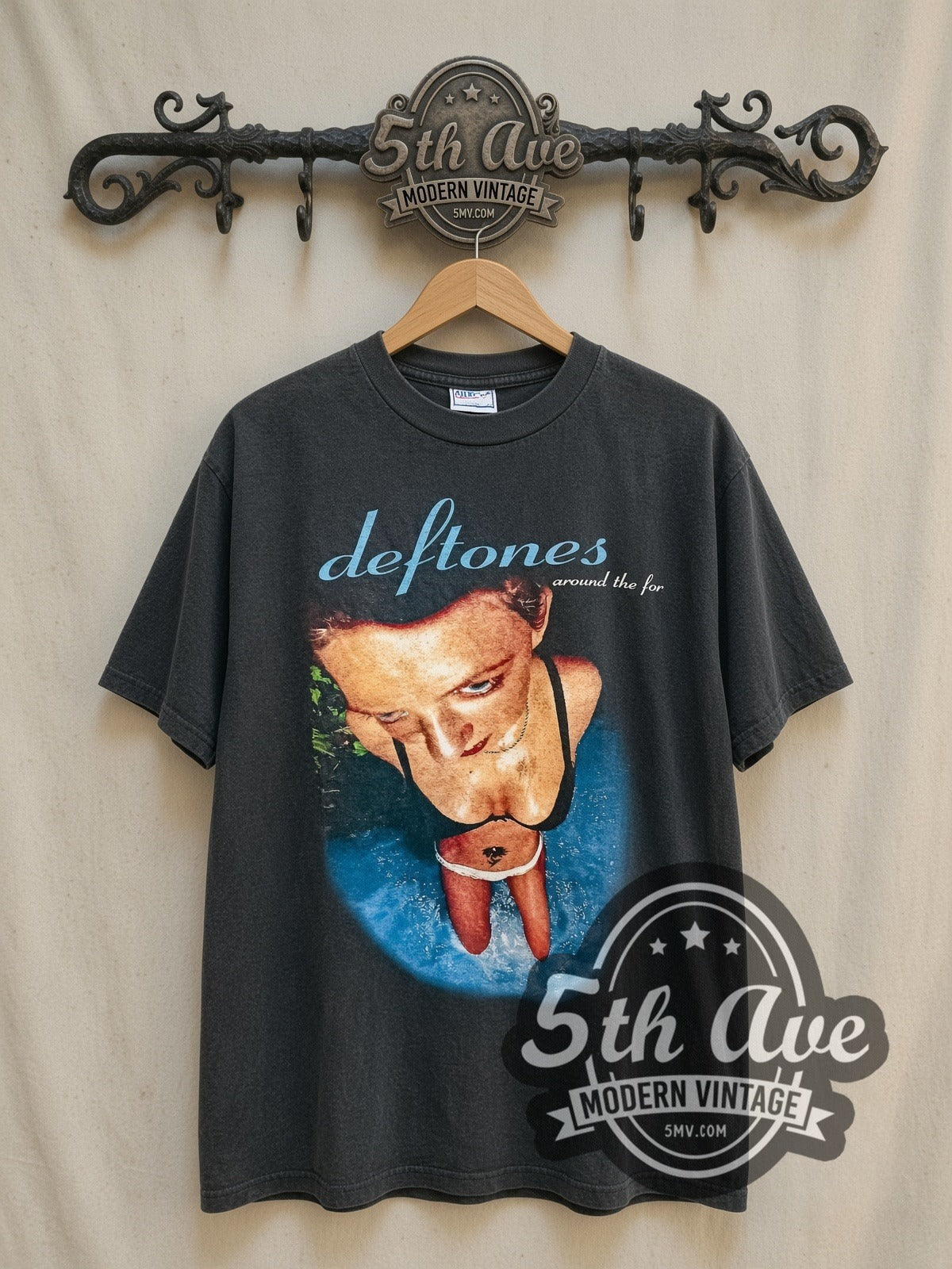 Deftones "Around The Fur" vintage band t-shirt in black, front view on a display rack