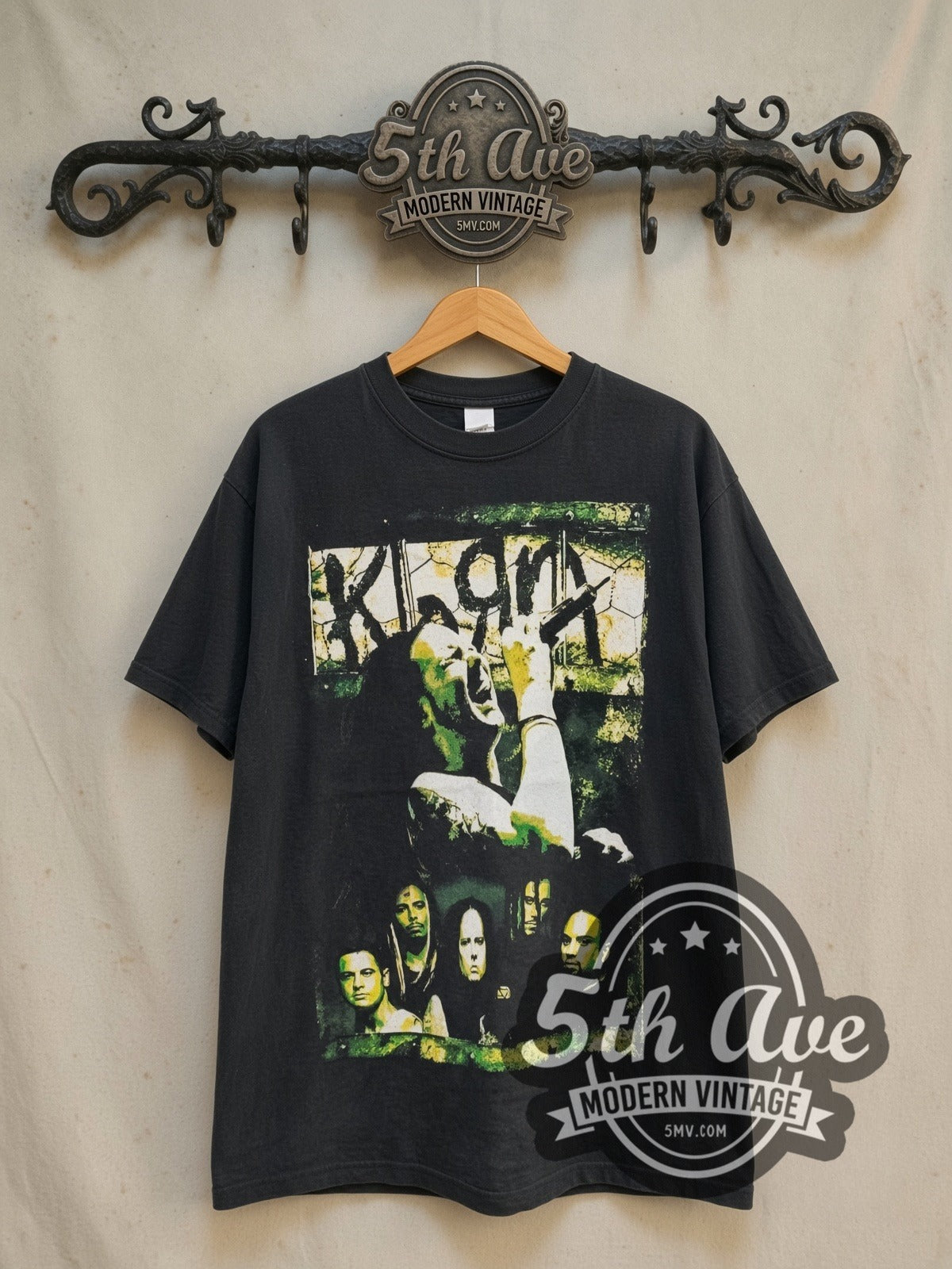 Korn vintage band t-shirt in black, front view on the 5MV rack