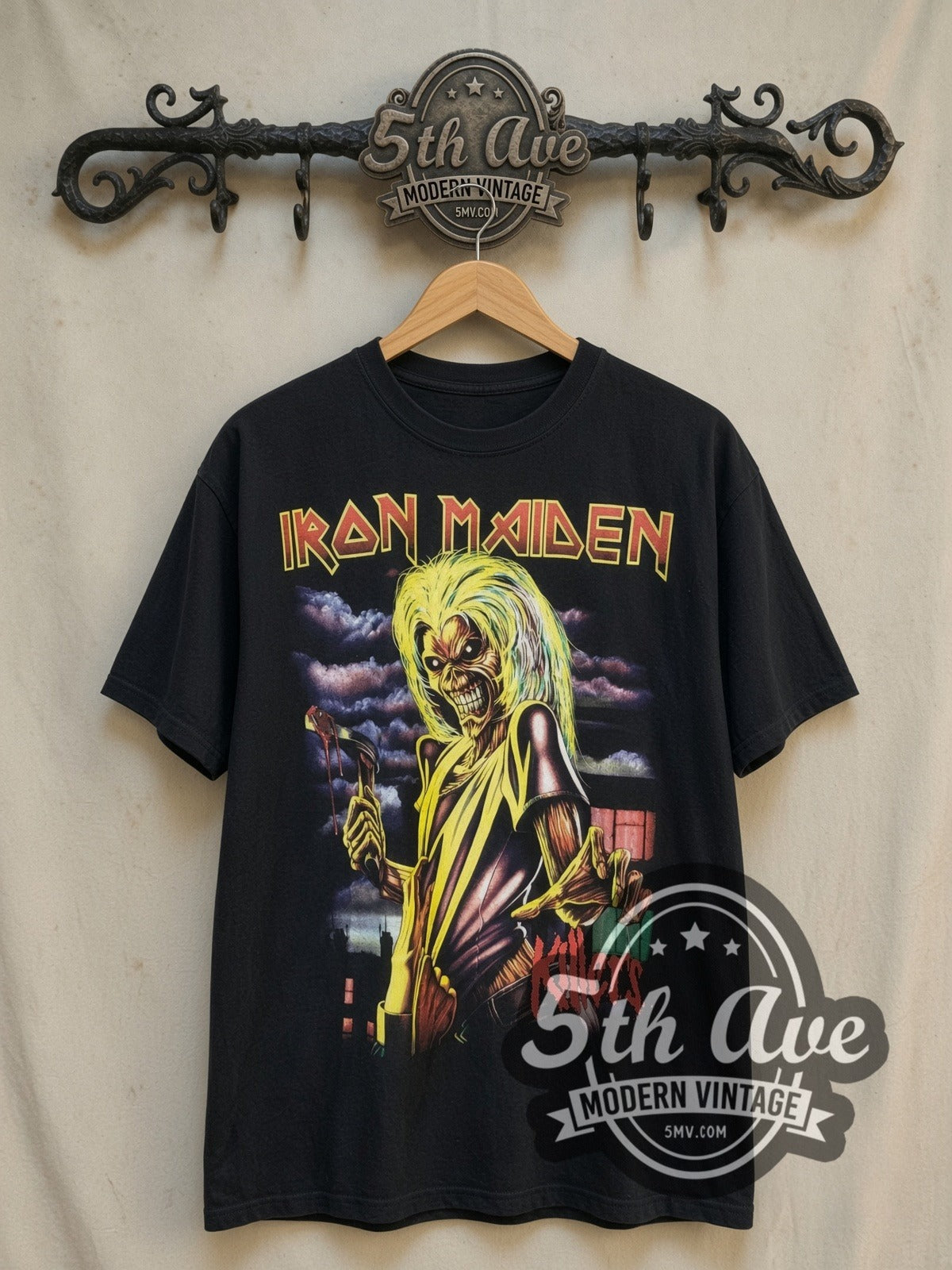 Iron Maiden Killers Album Art City Skyline vintage band t-shirt, front view on the 5MV rack