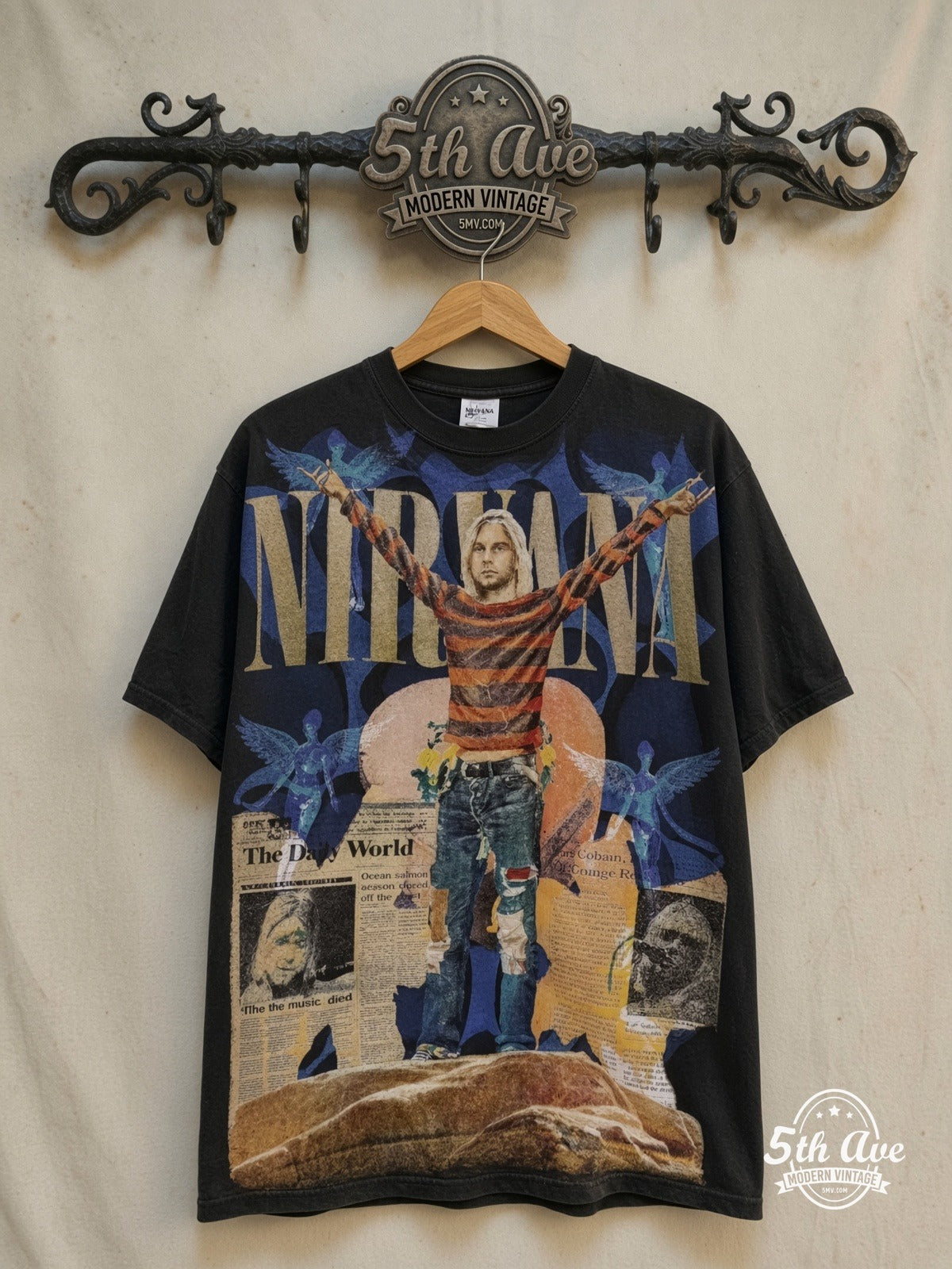 Nirvana – Kurt Cobain Overprint – Vintage Band T-Shirt — front on locked cream ornate 5th Ave rack