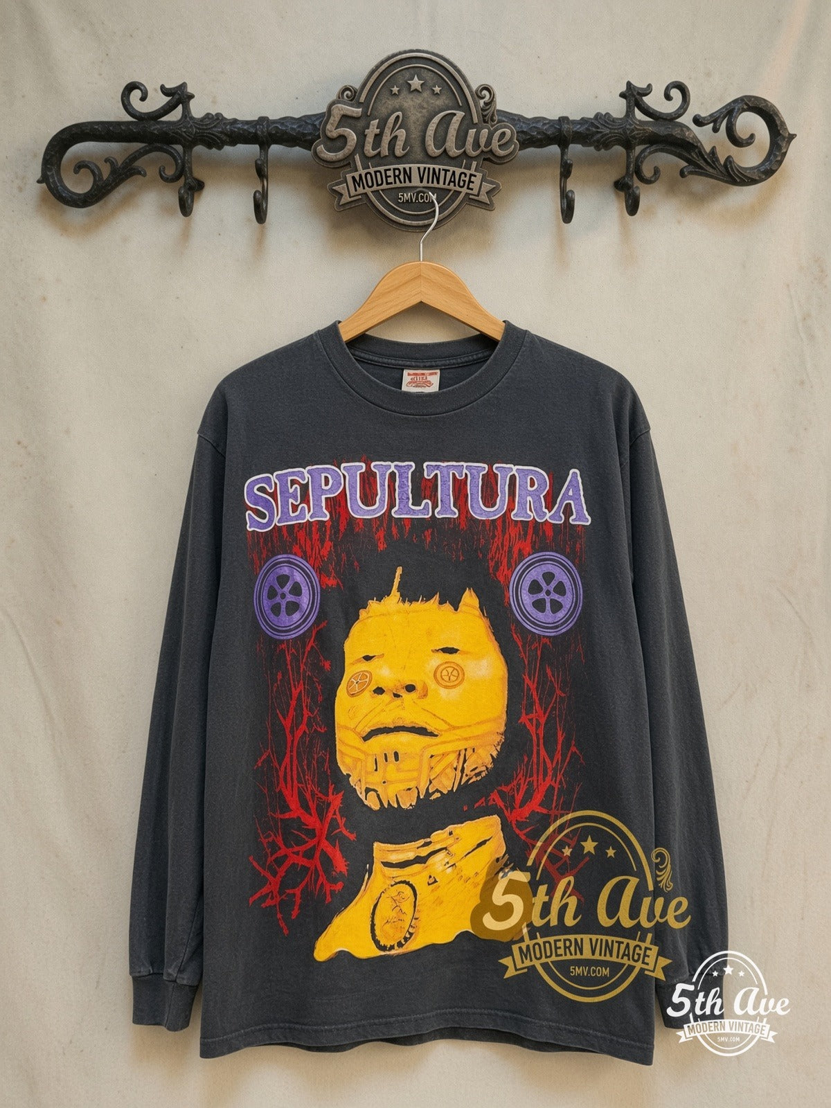 Sepultura Roots - Long Sleeve Vintage Reprint Band T-Shirt — front on locked cream ornate 5th Ave rack