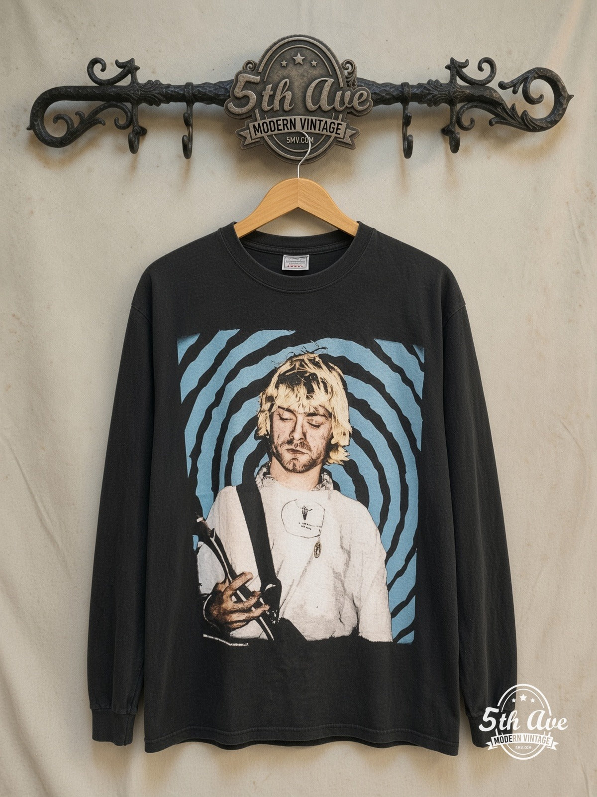 Nirvana – Downward Spiral – Vintage Band T-Shirt — front on locked cream ornate 5th Ave rack