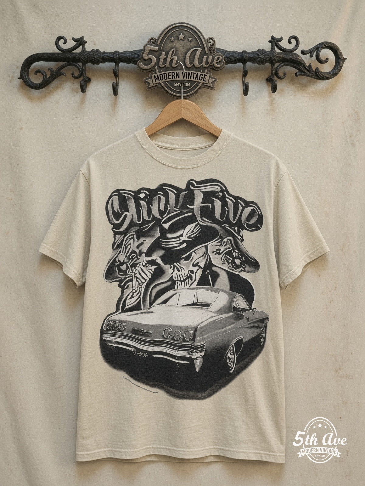 Slick Five - Rollin hard lowrider low rider car culture t shirt – Vintage Band T-Shirt — front on locked cream ornate 5th Ave rack