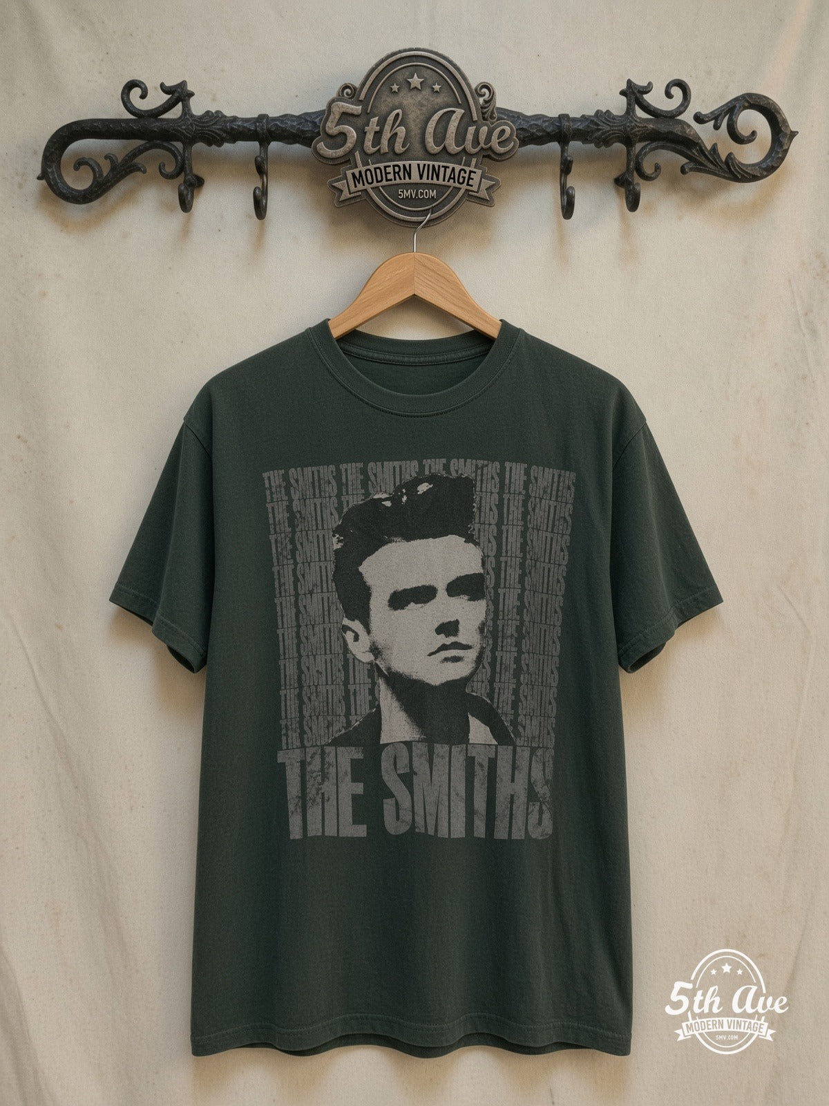 The Smiths – Vintage Wallpaper – Vintage Band T-Shirt — front on locked cream ornate 5th Ave rack