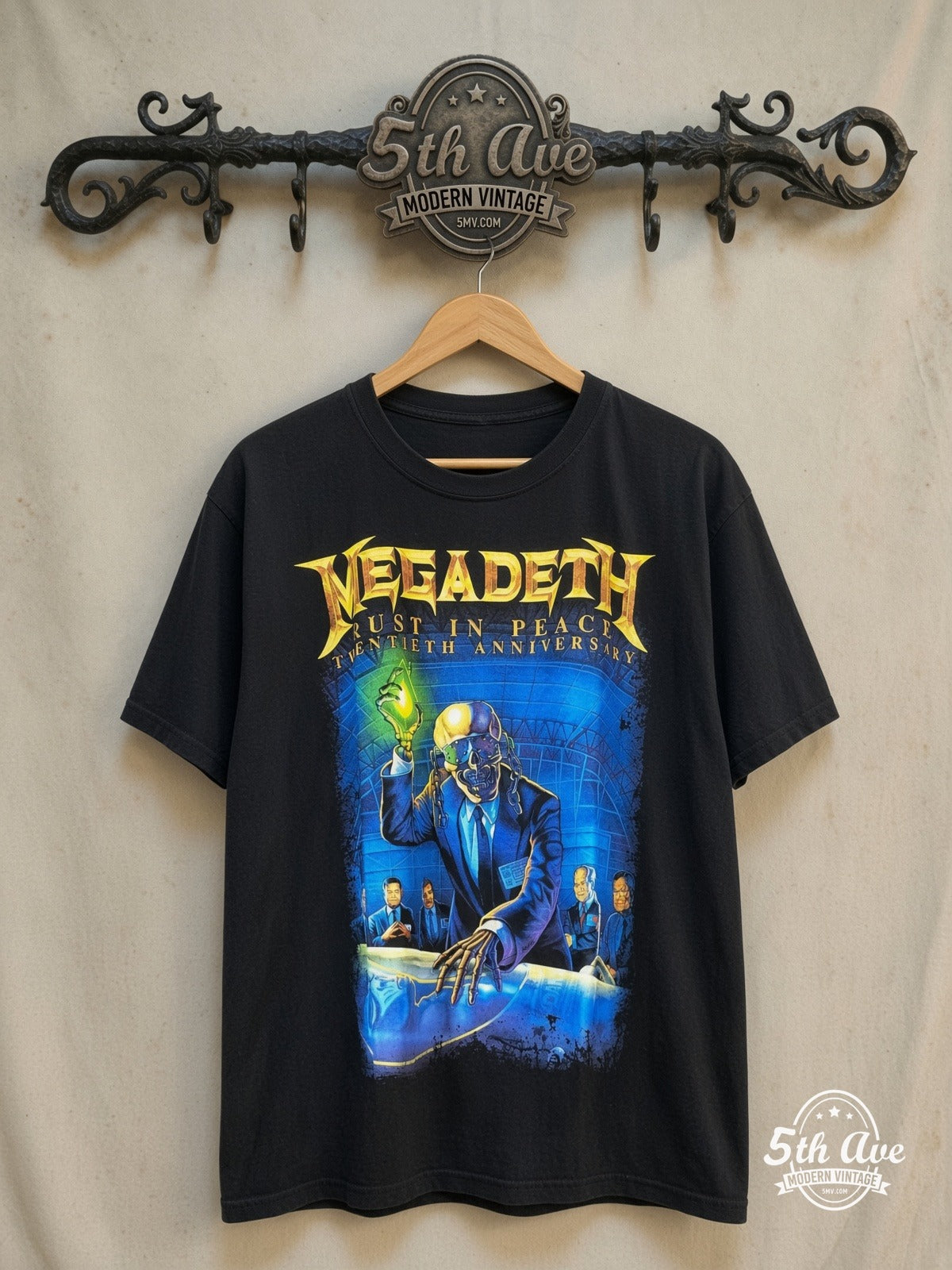 Megadeth – Rust in Peace Twentieth Anniversary – Vintage Band T-Shirt — front on locked cream ornate 5th Ave rack