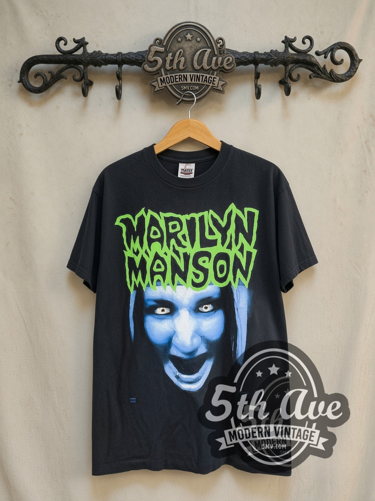 Marilyn Manson Rock N Roll Nigger Lyrics vintage band t-shirt in black, front view on the 5MV rack