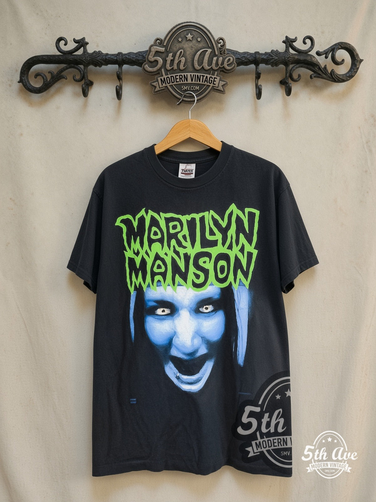 Marilyn Manson – Rock N Roll Nigger Lyrics – Vintage Band T-Shirt — front on locked cream ornate 5th Ave rack