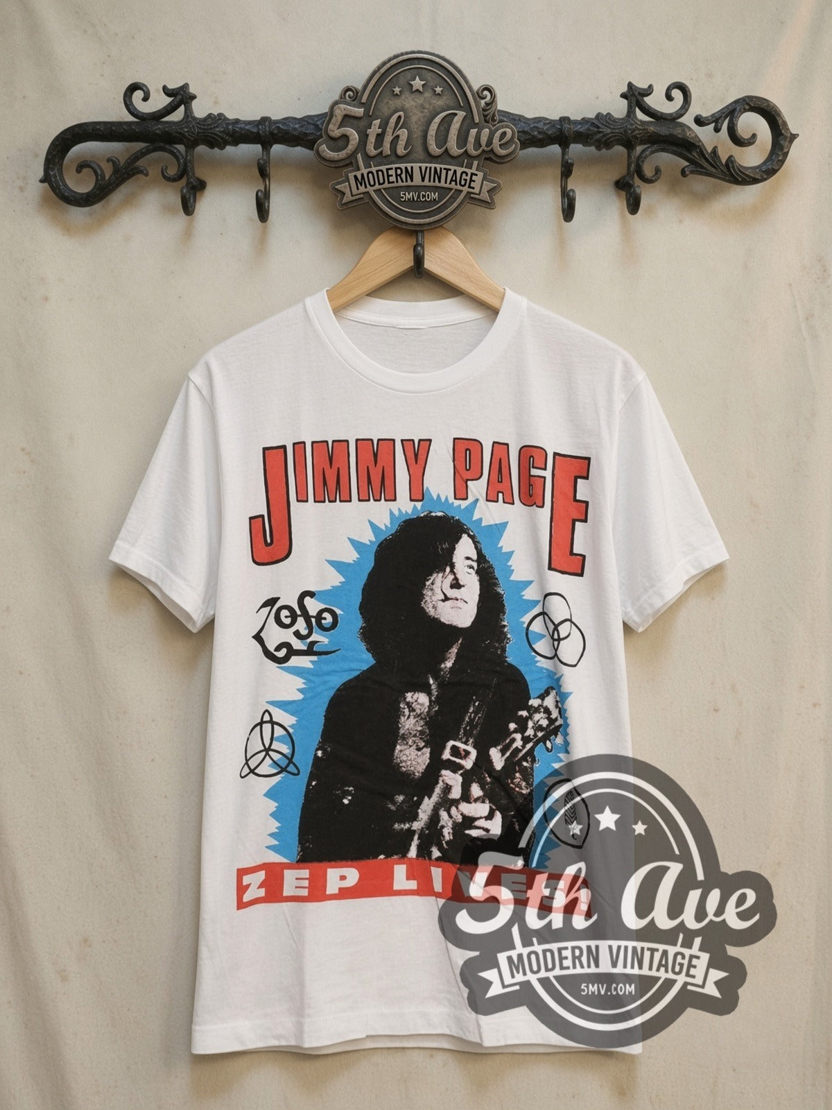 Jimmy Page Portrait vintage band t-shirt, front view on a display rack