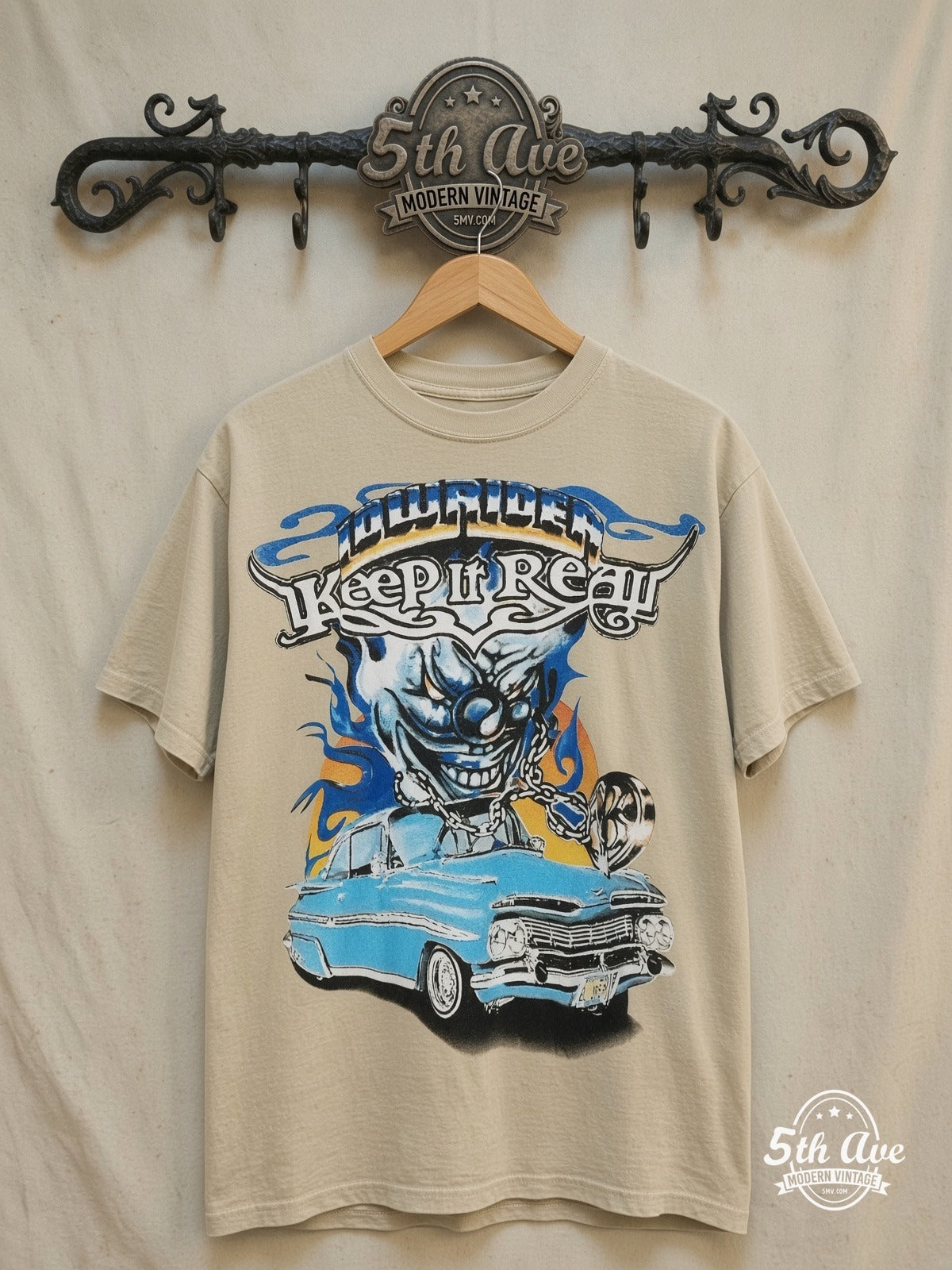 Rollin Hard – Keep It Real Lowrider – Vintage Graphic Tee — front on locked cream ornate 5th Ave rack