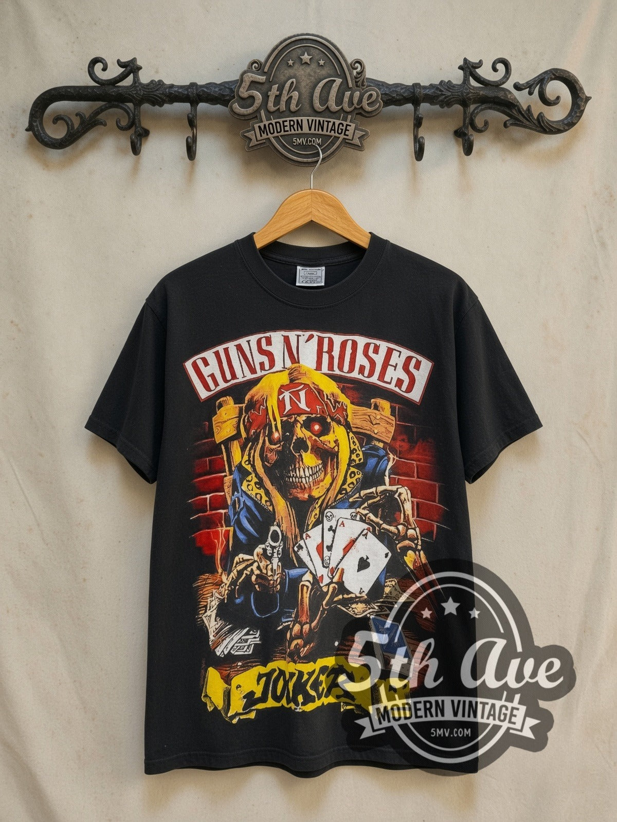 Guns N' Roses Joker Tattoo all-over-print vintage band t-shirt in black, front view on the 5MV rack