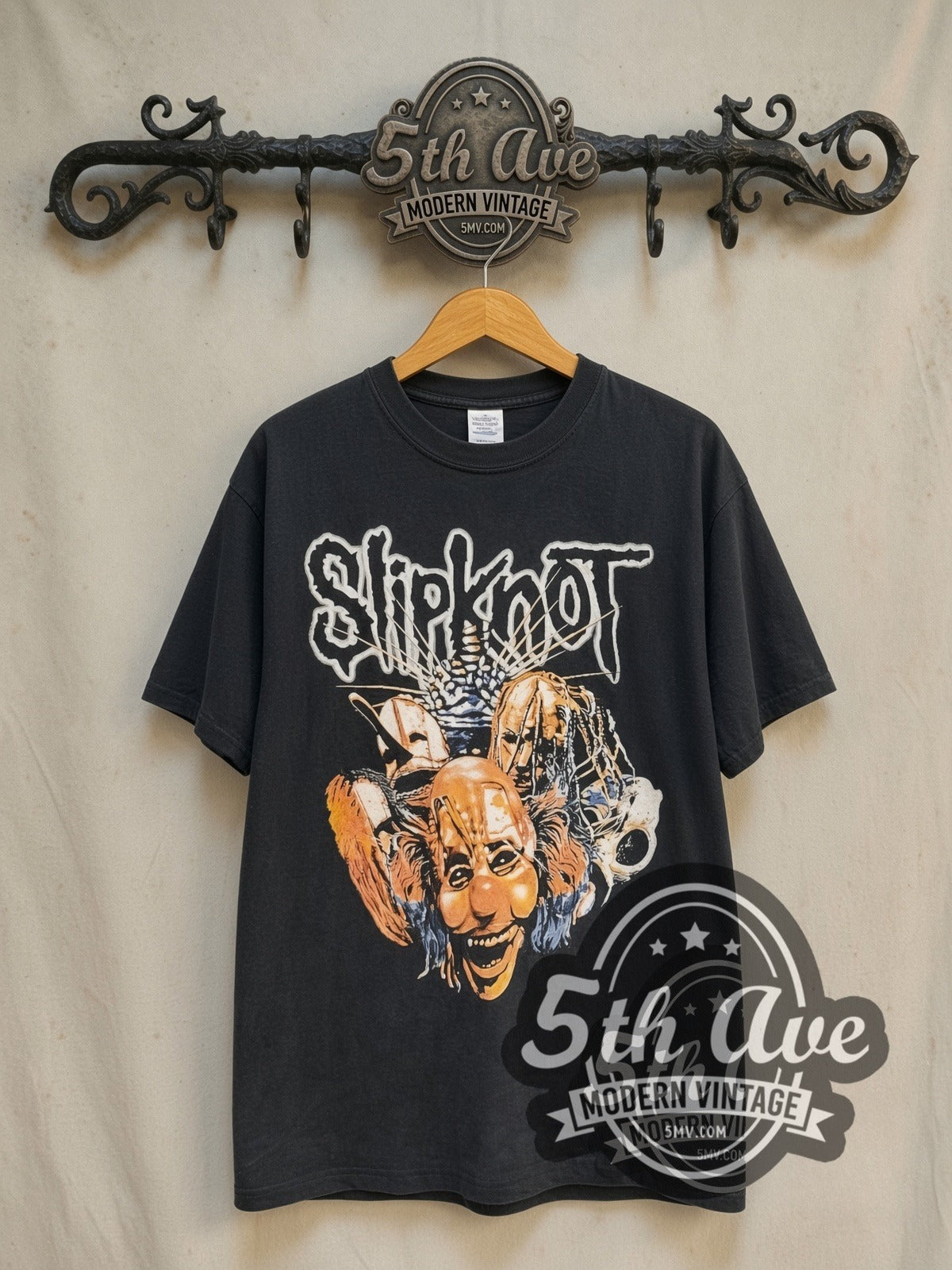 Slipknot 870621345 vintage band t-shirt in black, front view on the 5MV rack