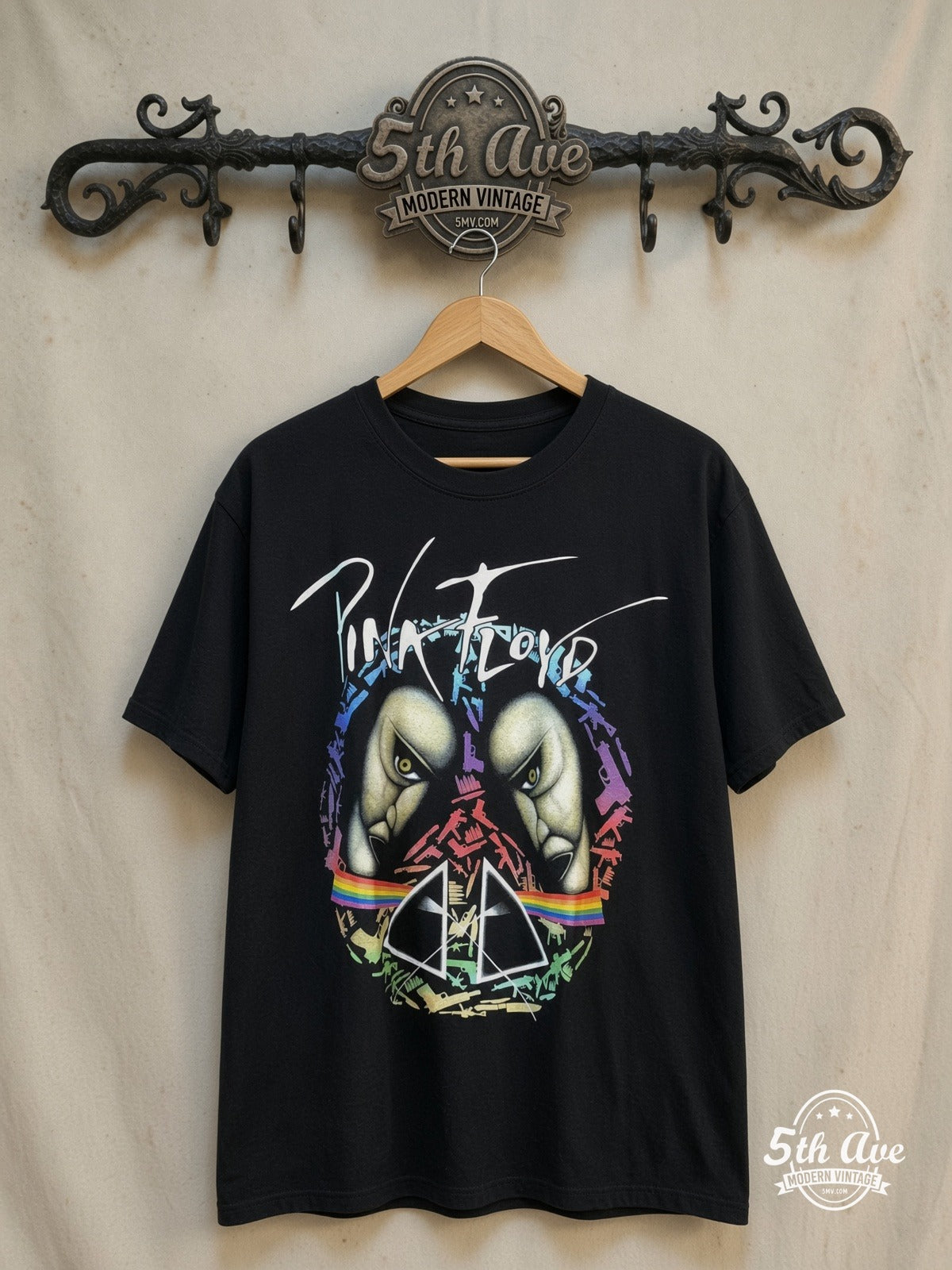 Pink Floyd – All Over Print – Vintage Band T-Shirt — front on locked cream ornate 5th Ave rack