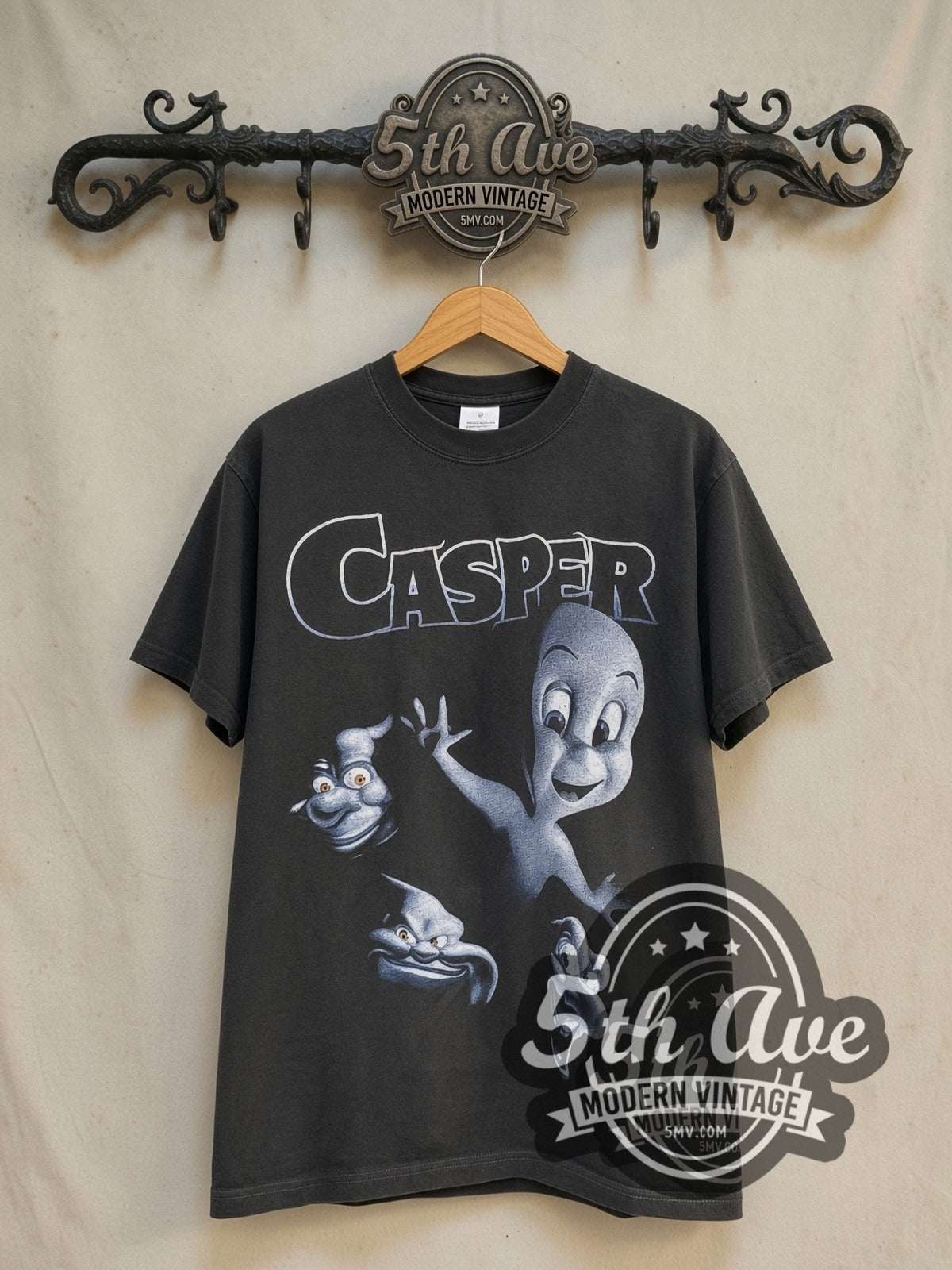Casper The Movie 1995 vintage graphic t-shirt, front view on a display rack