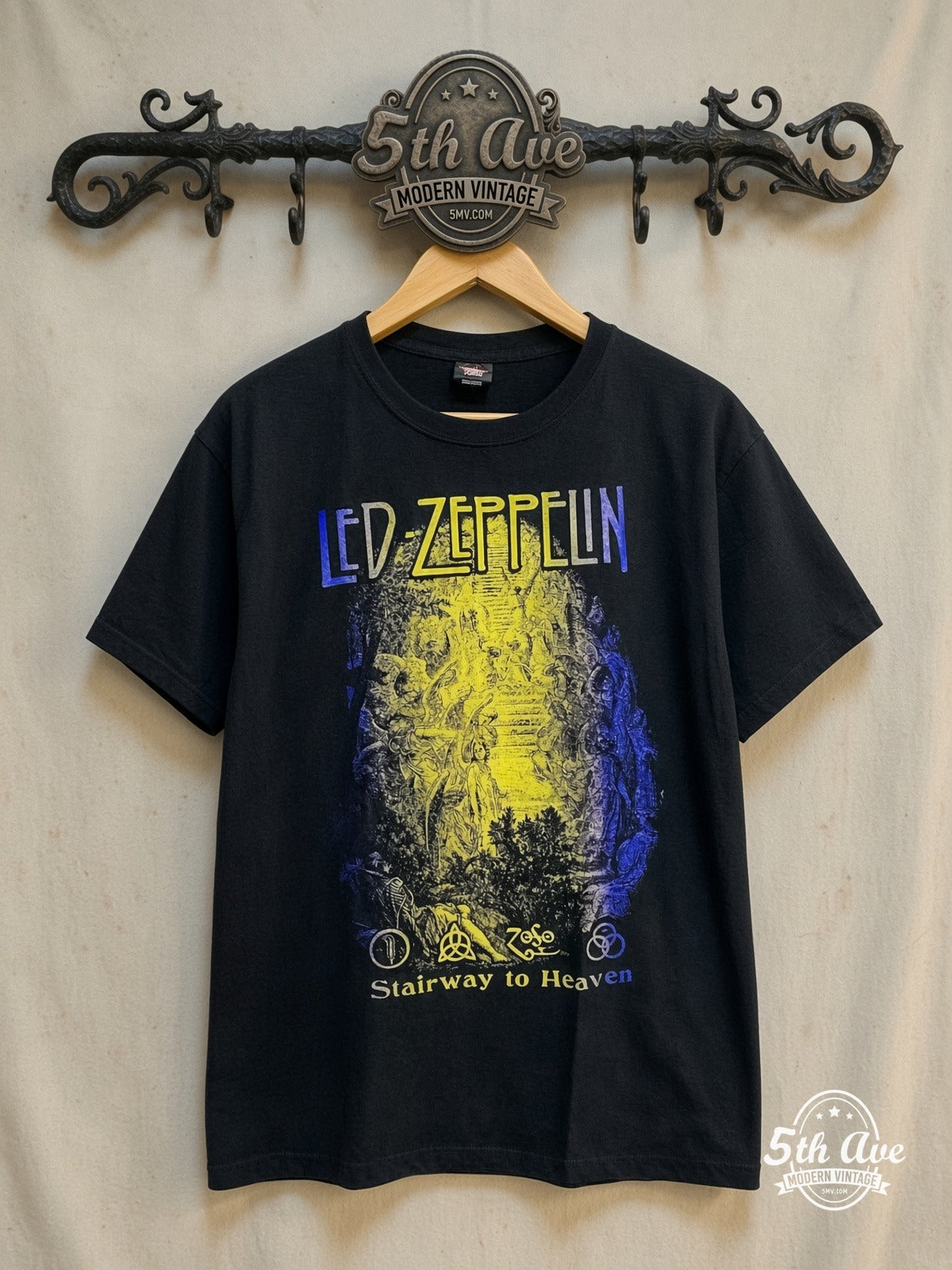 Led Zeppelin Stairway to Heaven – Vintage Band T-Shirt — front on locked cream ornate 5th Ave rack