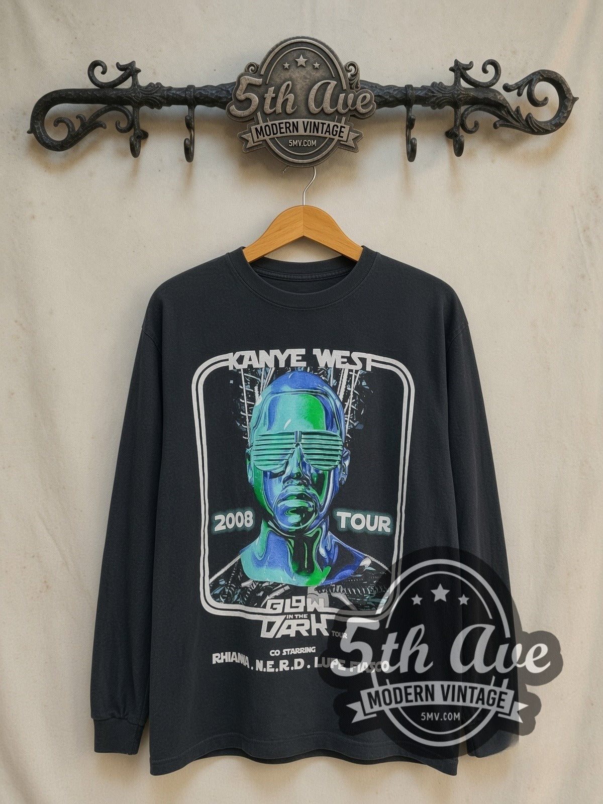Kanye West Glow in the Dark Tour 2008 vintage band long sleeve t-shirt, front view on a display rack