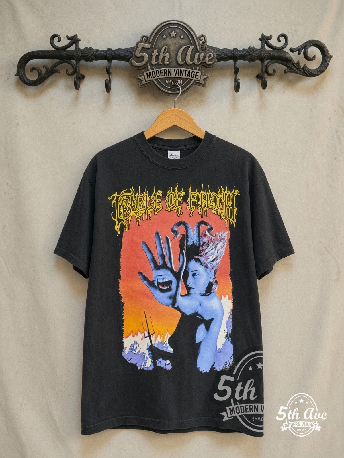 Cradle of Filth – Speak To The Hand – Vintage Band T-Shirt — front on locked cream ornate 5th Ave rack