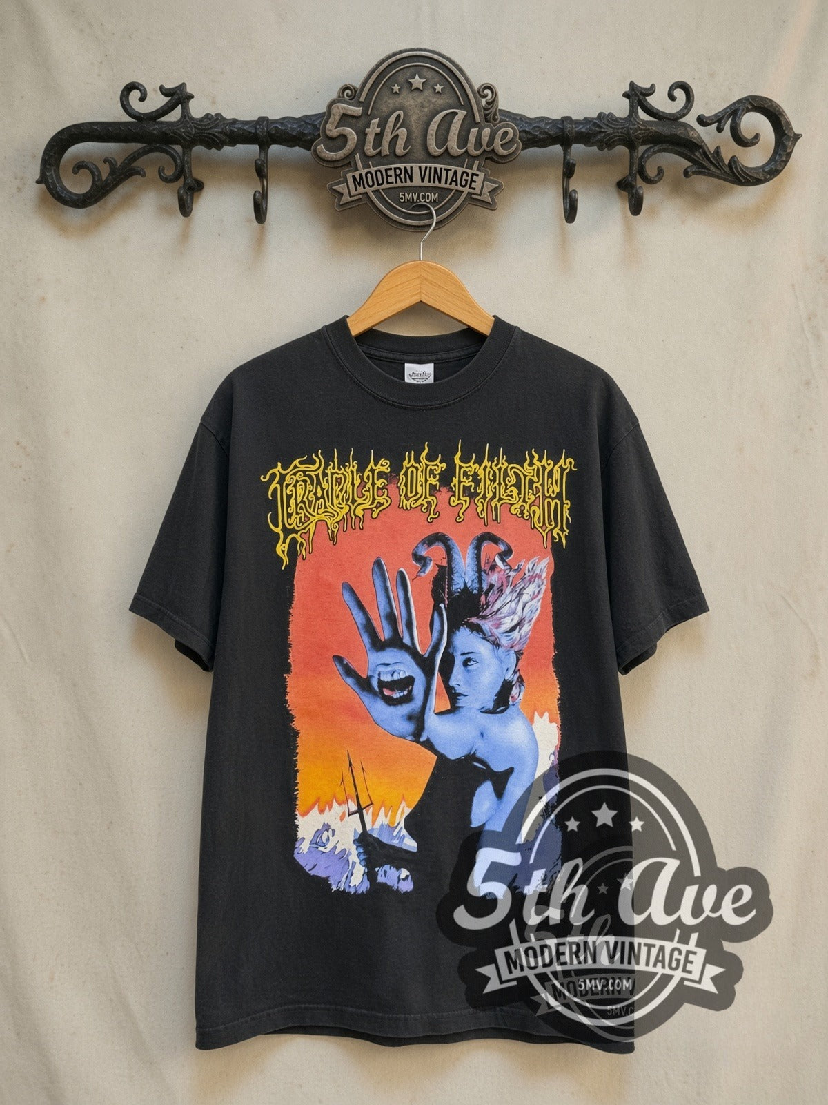 Cradle of Filth Speak To The Hand vintage band t-shirt in black, front view on a display rack