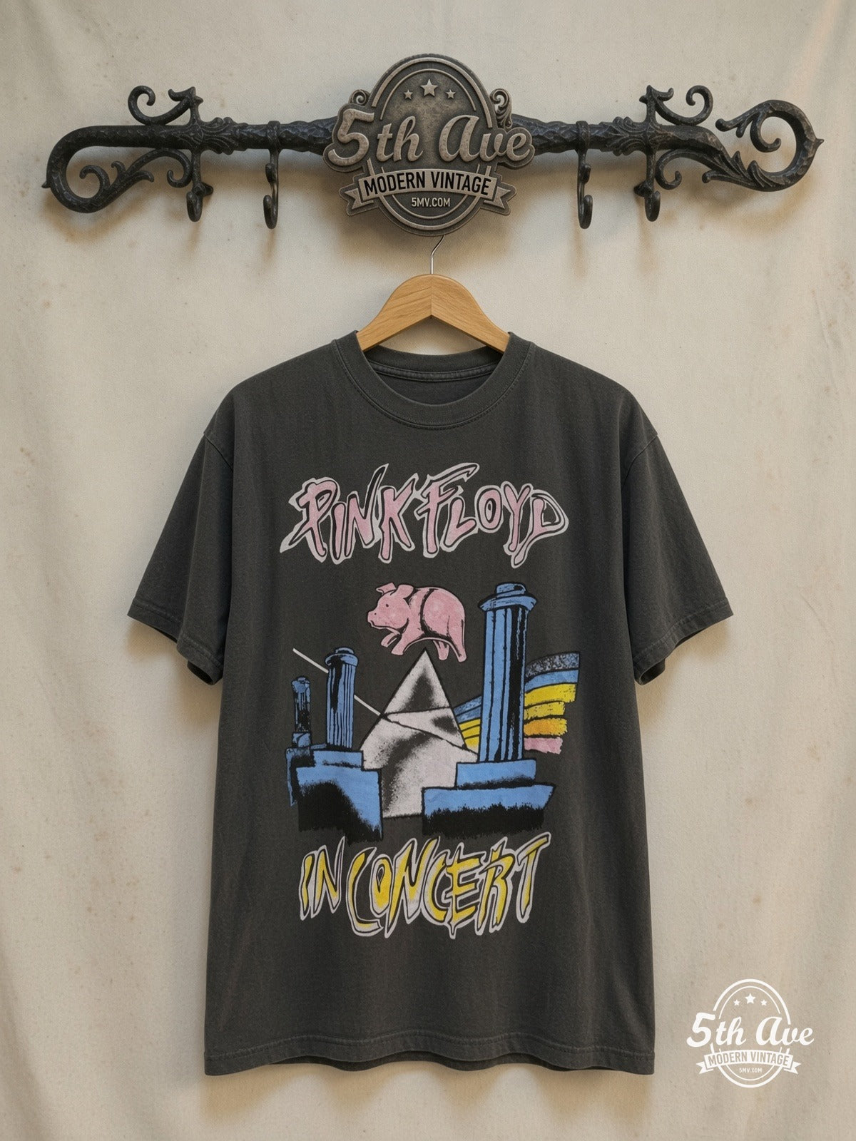 Pink Floyd – 1977 Tour – Vintage Band T-Shirt — front on locked cream ornate 5th Ave rack
