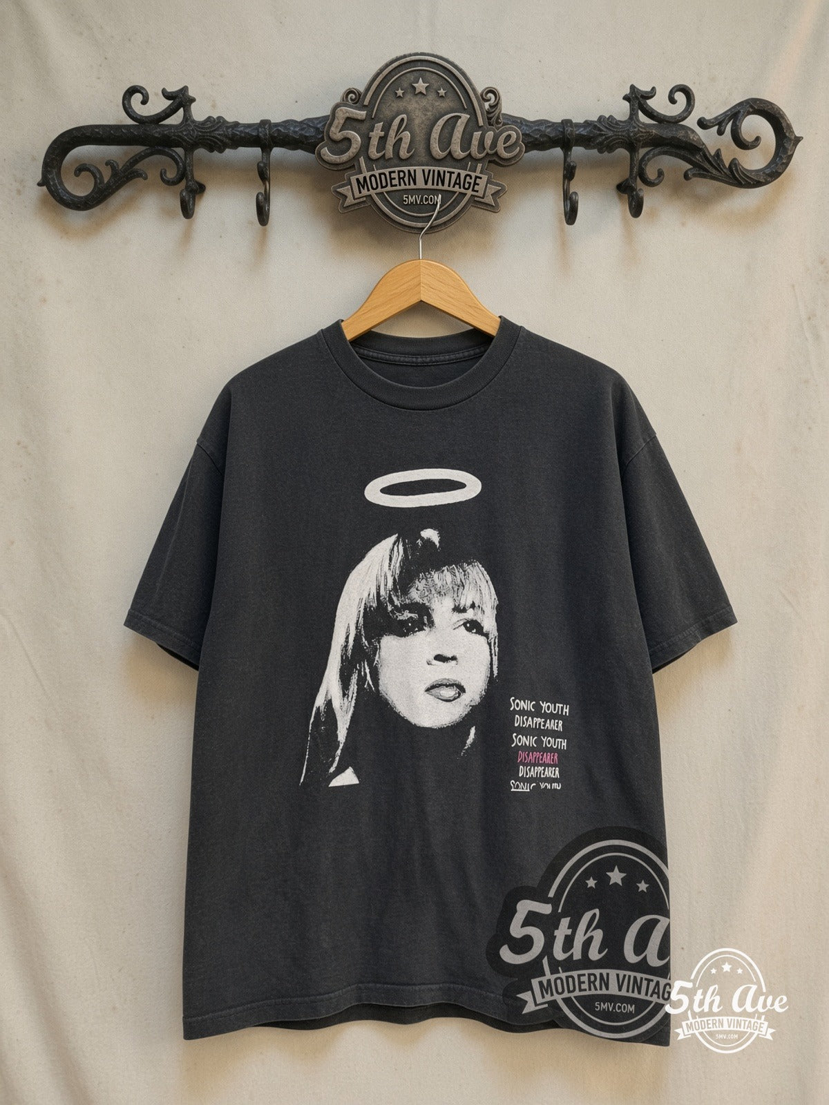Sonic Youth – Disappearer – Vintage Band T-Shirt — front on locked cream ornate 5th Ave rack