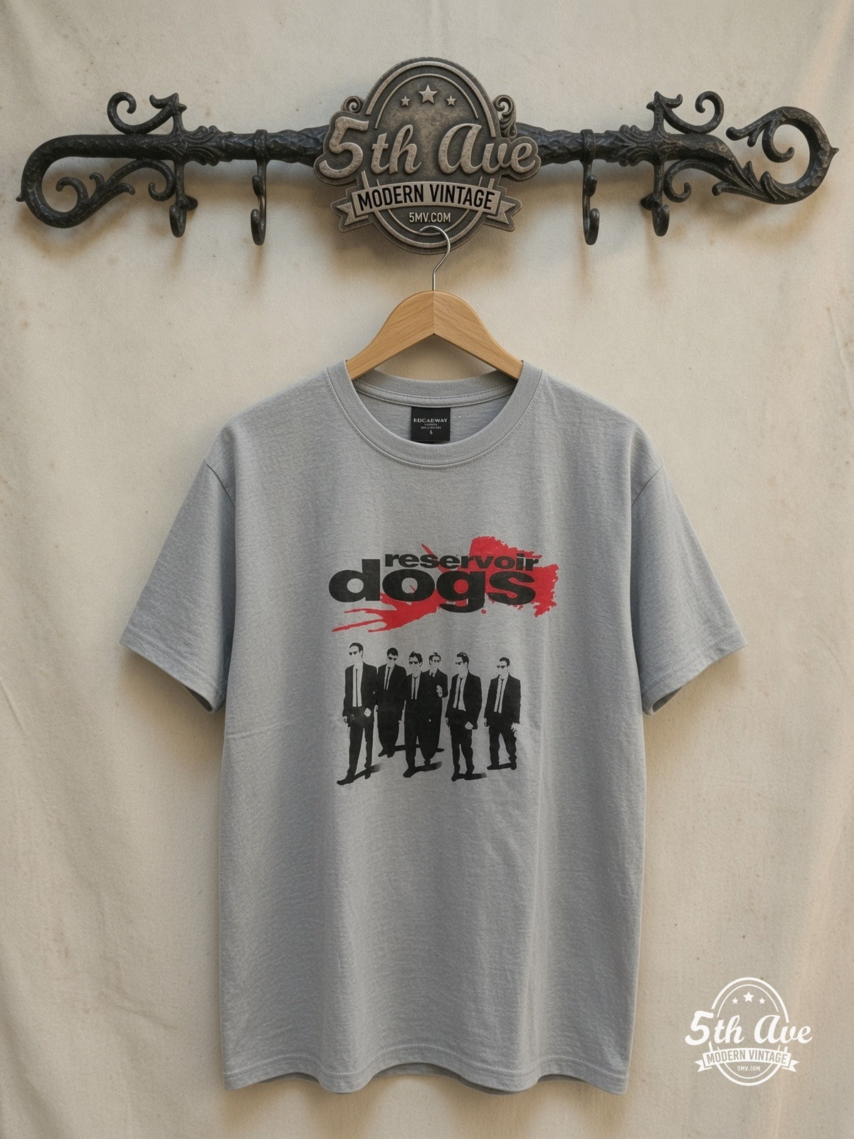 Reservoir Dogs – Men in Suits Red Splatter Grey Tee – Vintage Movie Tee — front on locked cream ornate 5th Ave rack