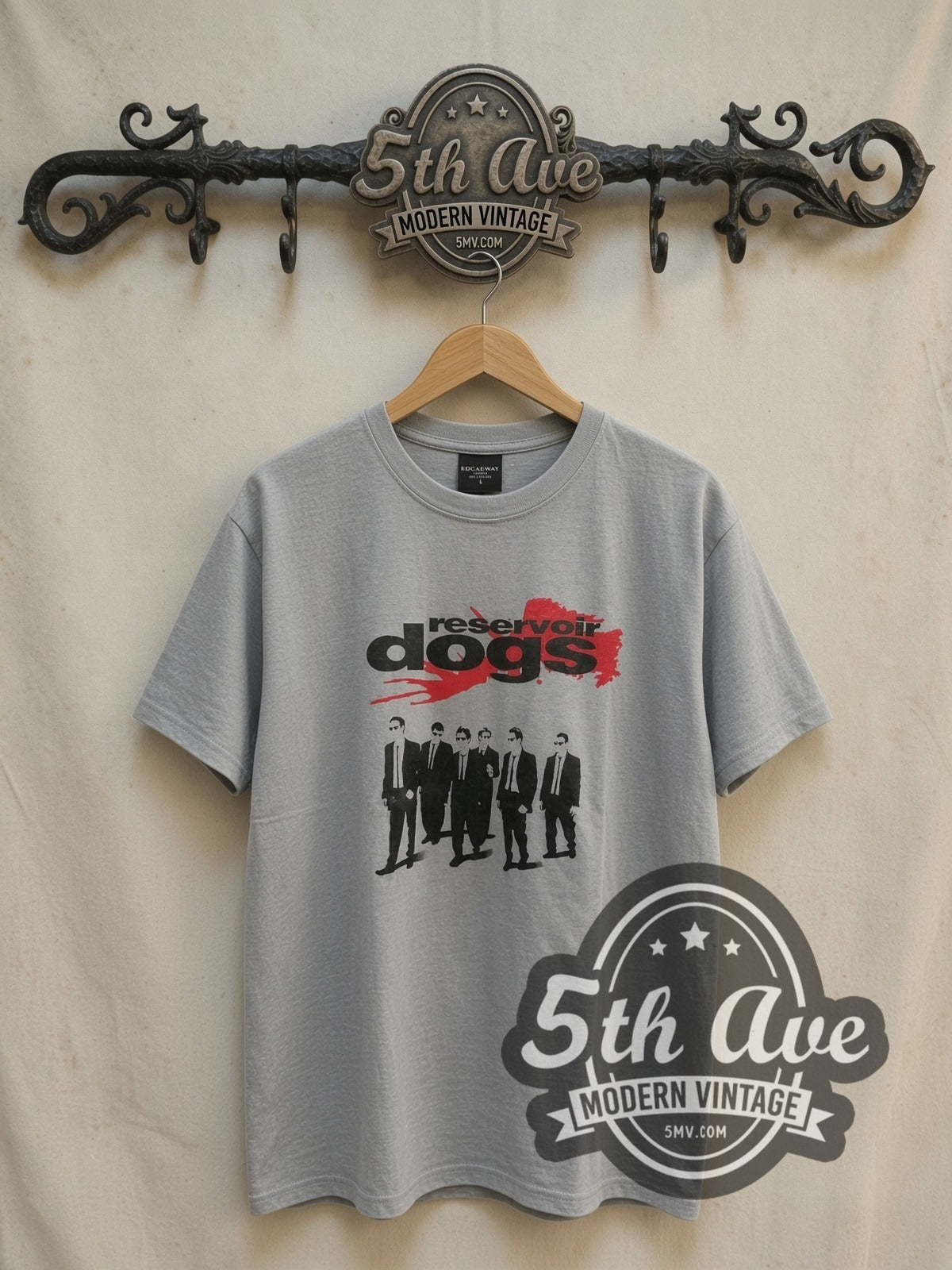 Reservoir Dogs Men in Suits Red Splatter Grey vintage movie t-shirt, front view on a display rack