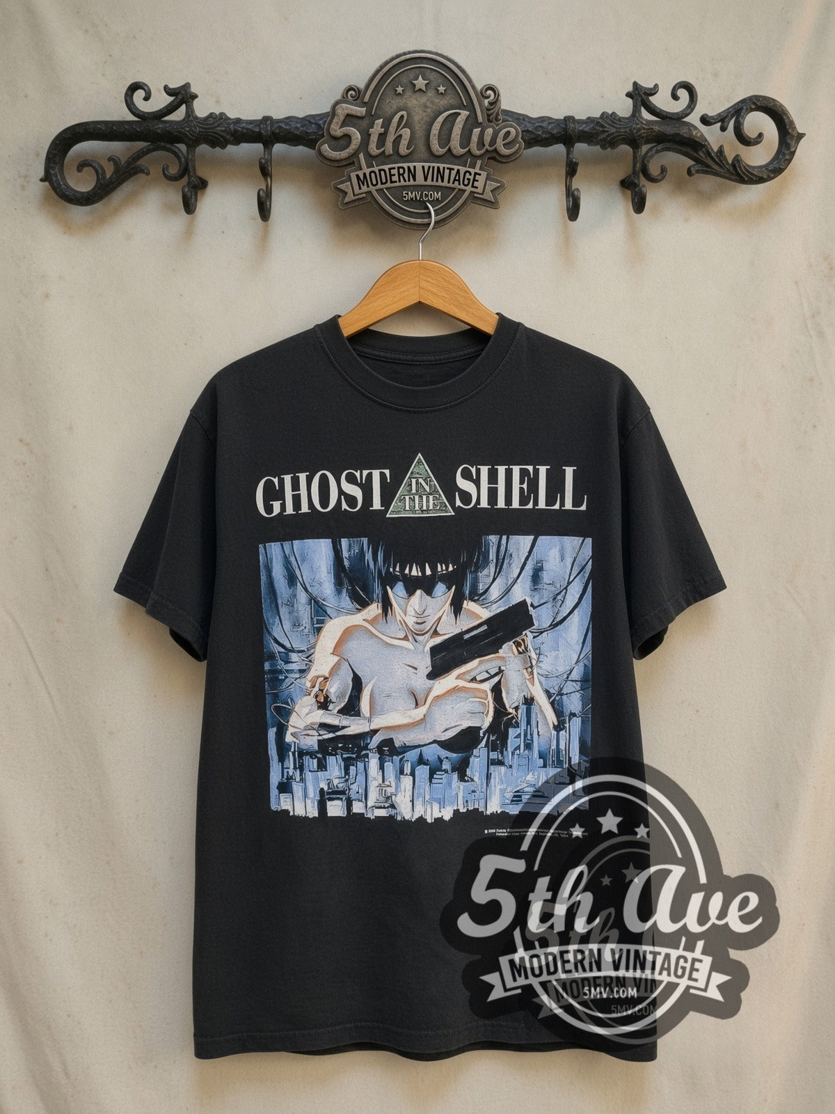 Ghost in the Shell It Found a Voice vintage graphic t-shirt, front view on a display rack