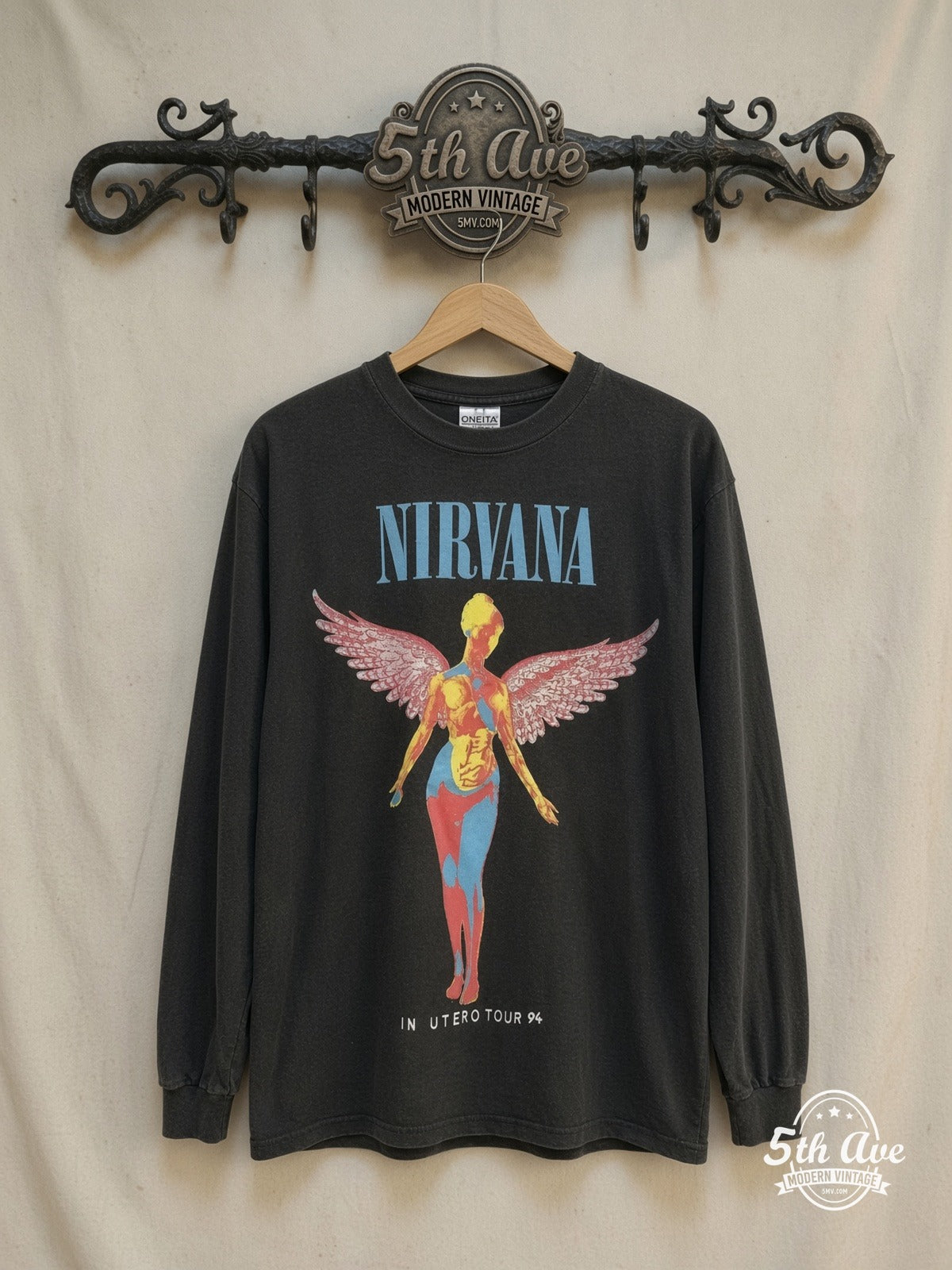 Nirvana In Utero Tour 94 Angel Long Sleeve vintage band t-shirt, front view on a display rack
