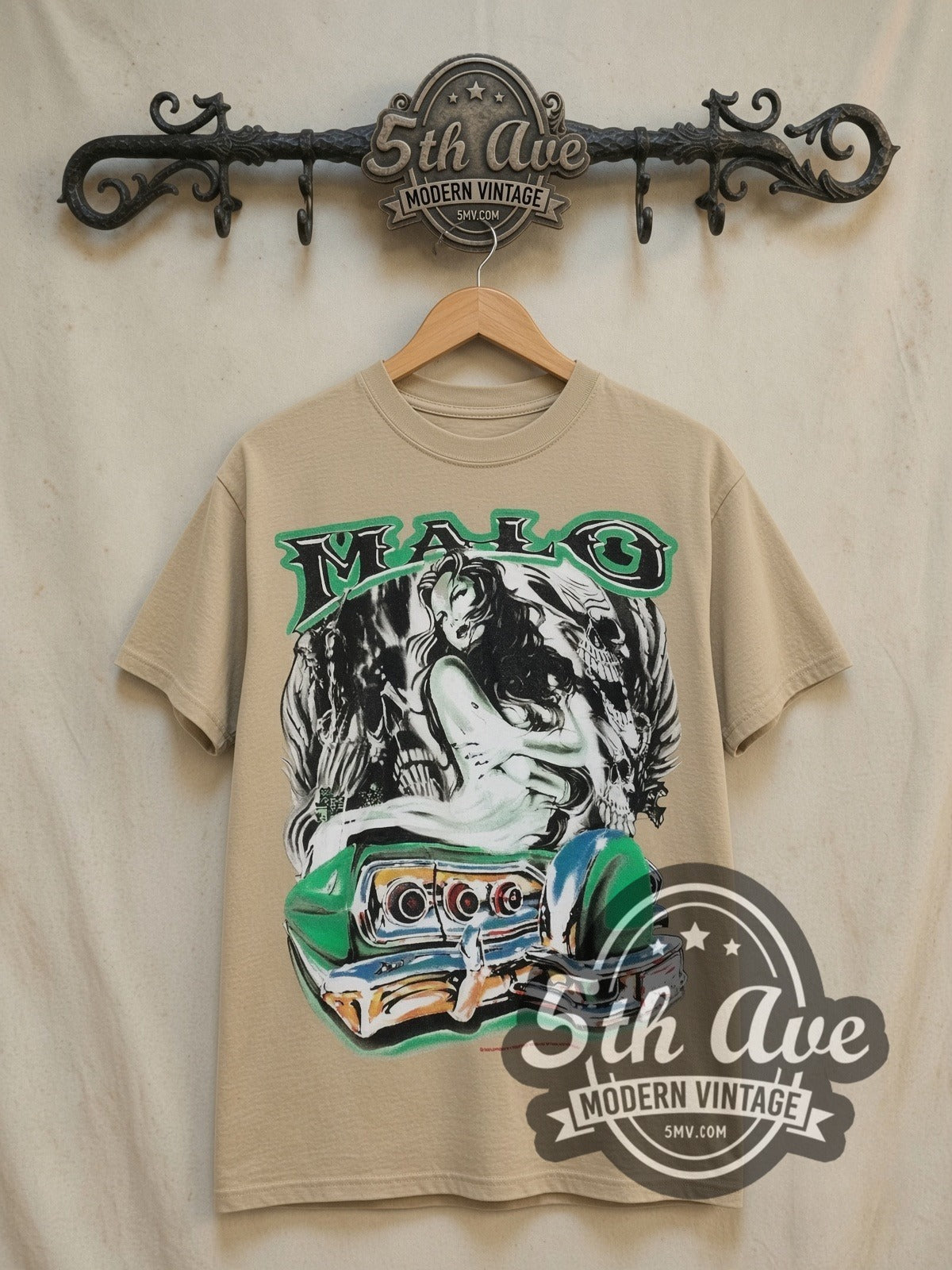 Malo pin-up and lowrider vintage graphic tee, front view on a display rack