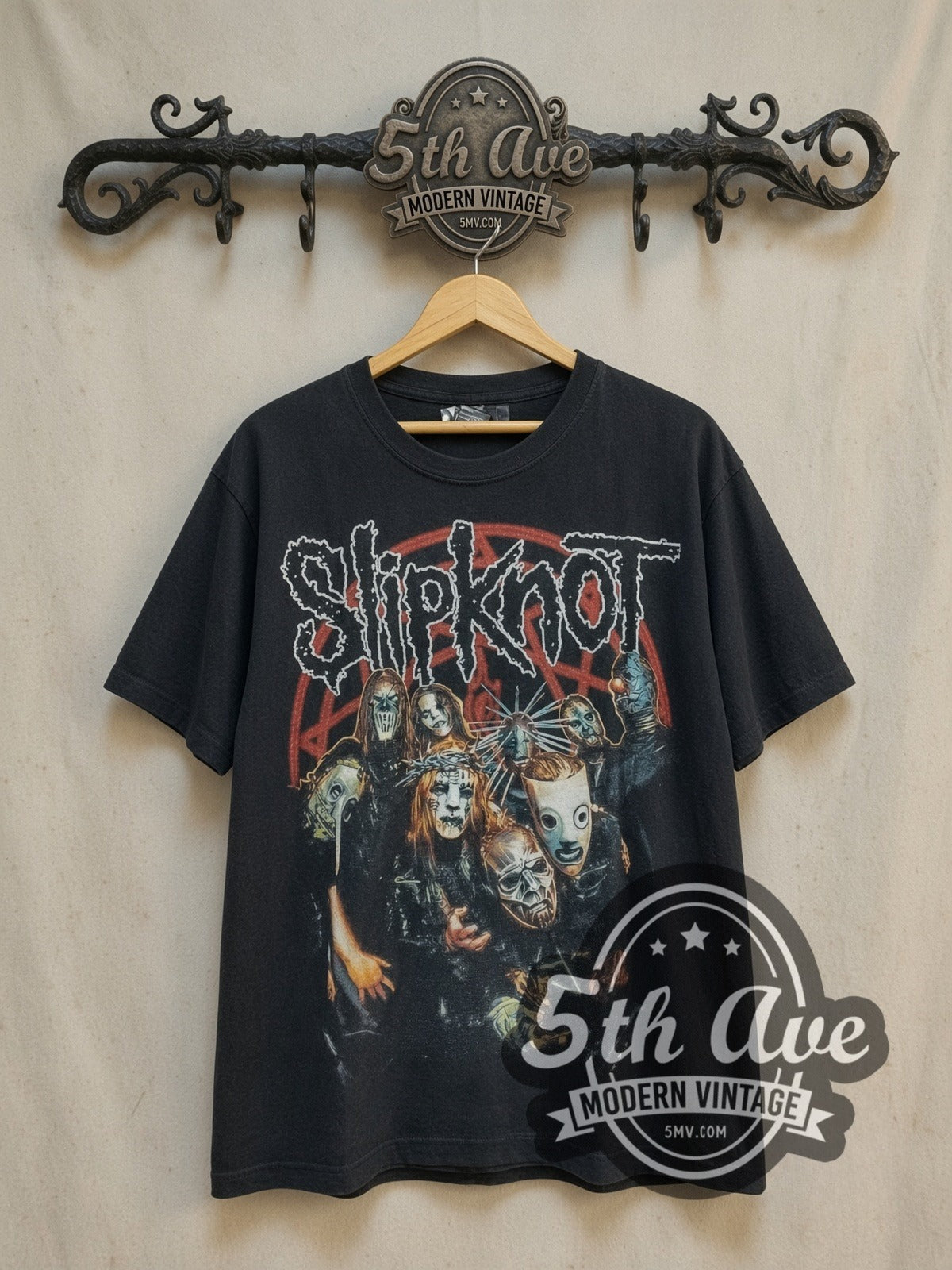 Slipknot Red Nonagram Masked Group Portrait vintage band t-shirt, front view on a display rack