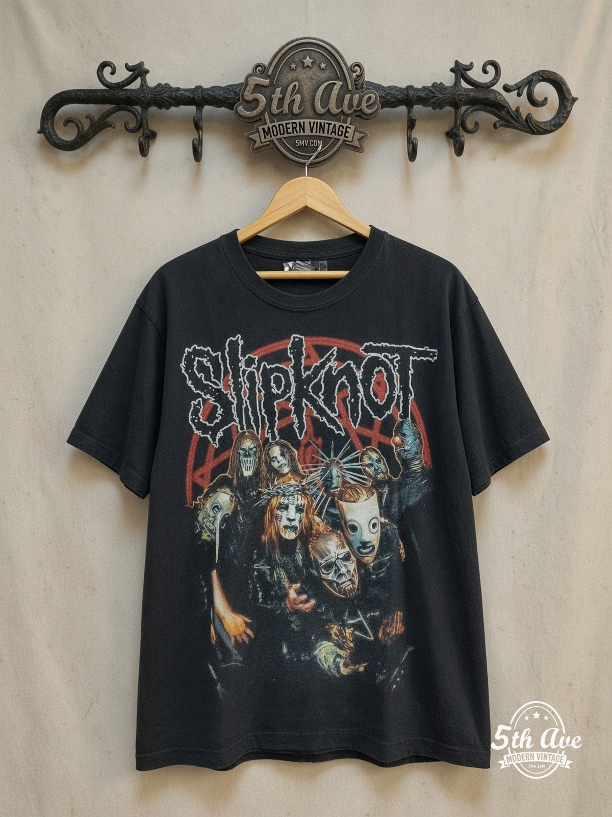 Slipknot – Red Nonagram Masked Group Portrait – Vintage Band T-Shirt — front on locked cream ornate 5th Ave rack