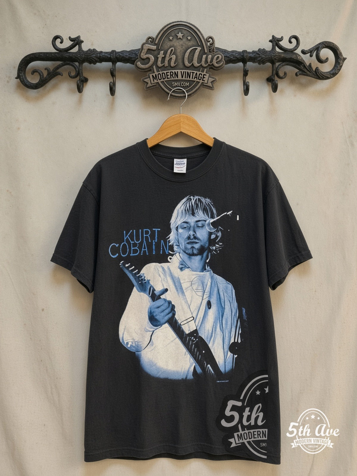 Nirvana – Rape Me – Vintage Band T-Shirt — front on locked cream ornate 5th Ave rack