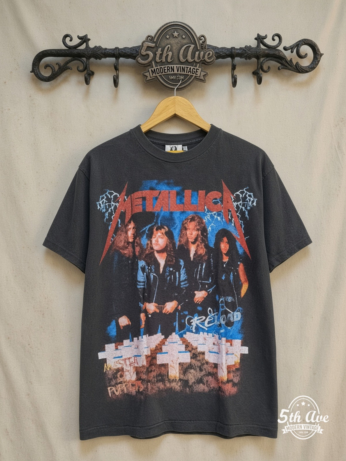 Metallica – Reload – Vintage Band T-Shirt — front on locked cream ornate 5th Ave rack