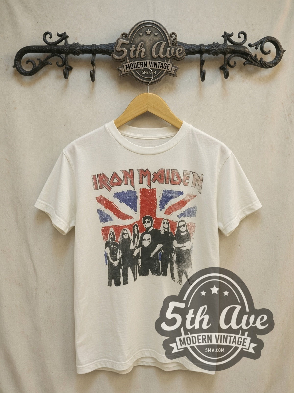 Iron Maiden Union Jack Band Photo vintage band t-shirt, front view on a display rack