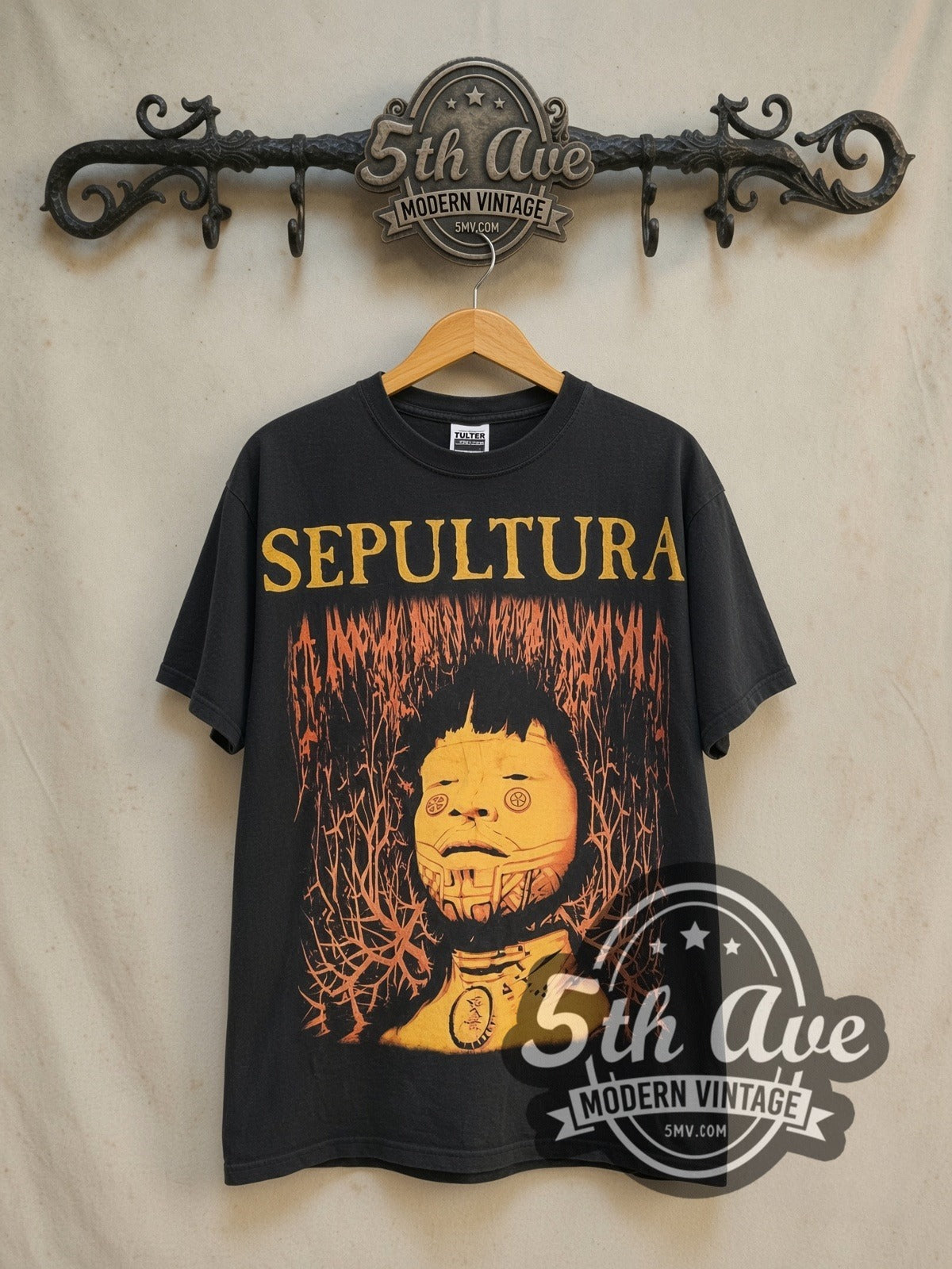 Sepultura Roots vintage band t-shirt in black, front view on the 5MV rack
