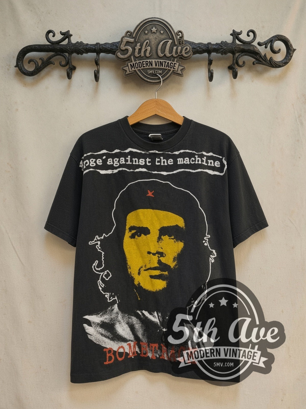 Rage Against the Machine Bombtrack all-over-print vintage band t-shirt in black, front view on the 5MV rack