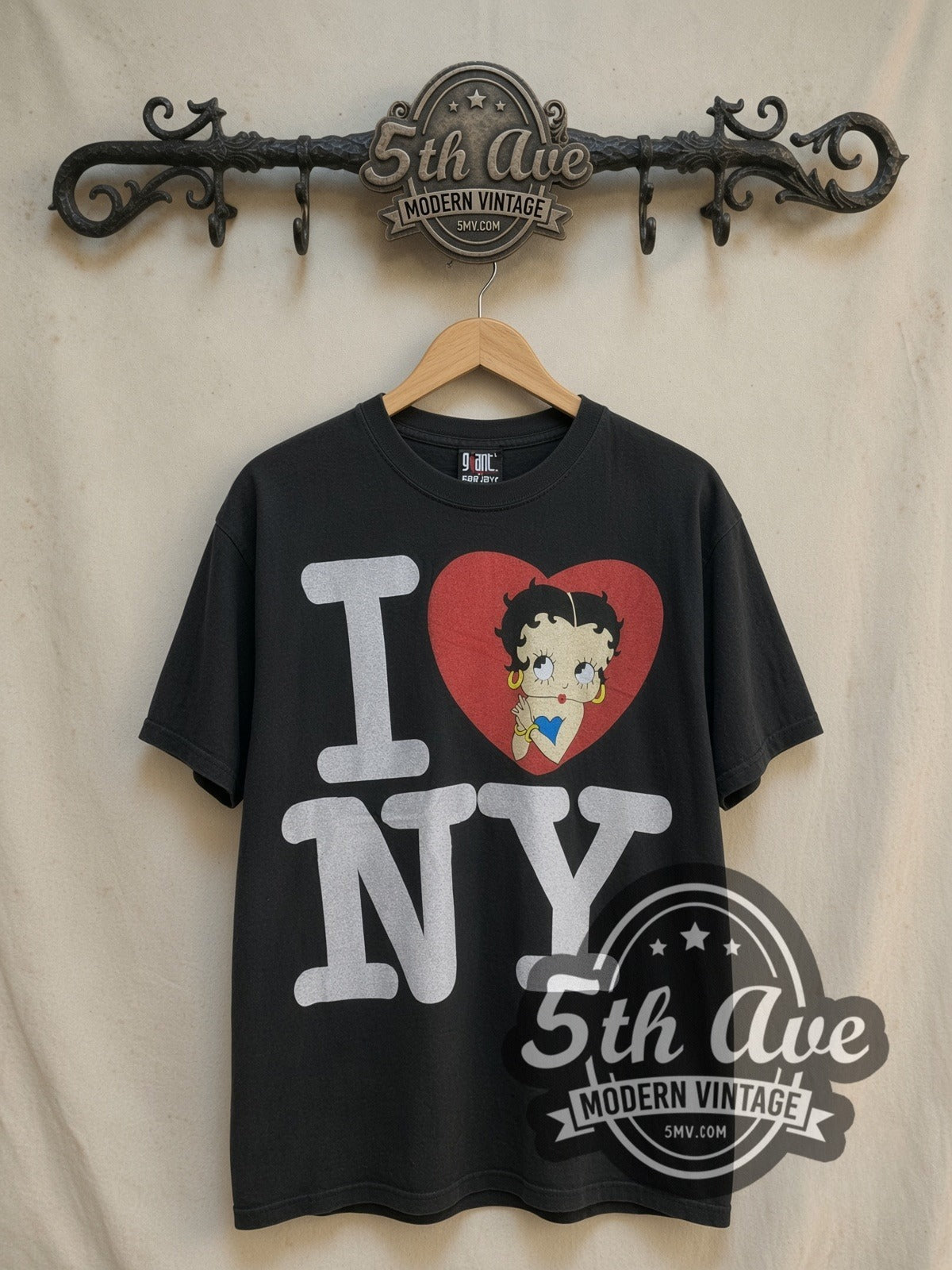Betty Boop New York Graphic vintage cartoon tee, front view on a display rack