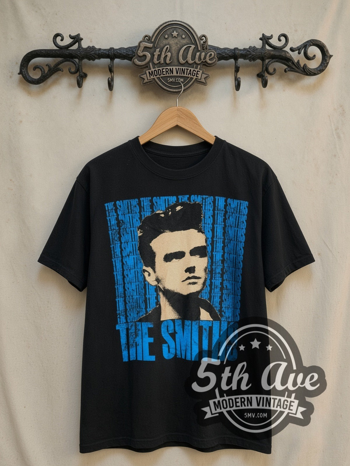 The Smiths Vintage Wallpaper vintage band t-shirt, front view on a display rack