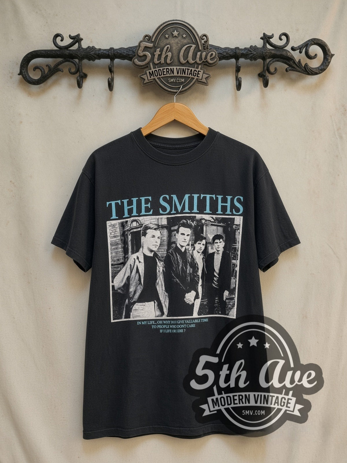The Smiths Hatful of Hollow Blue Title Bar Portrait vintage band t-shirt in black, front view on a display rack