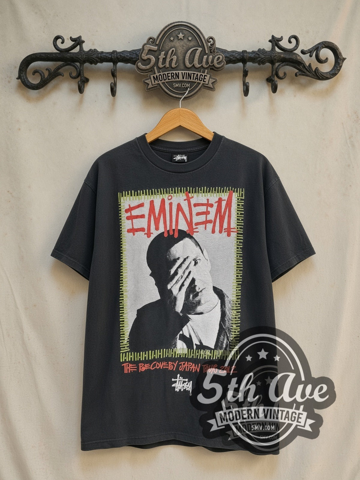 Eminem x Stüssy Recovery Japan Tour 2012 / Not Afraid vintage rap tee in black, front view on the 5MV rack