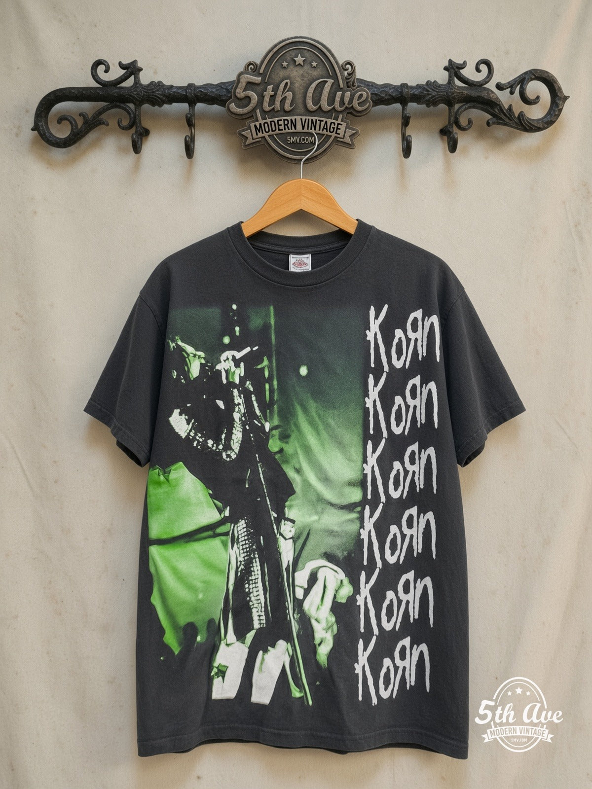 Korn – Falling Away from Me – Vintage Band T-Shirt — front on locked cream ornate 5th Ave rack